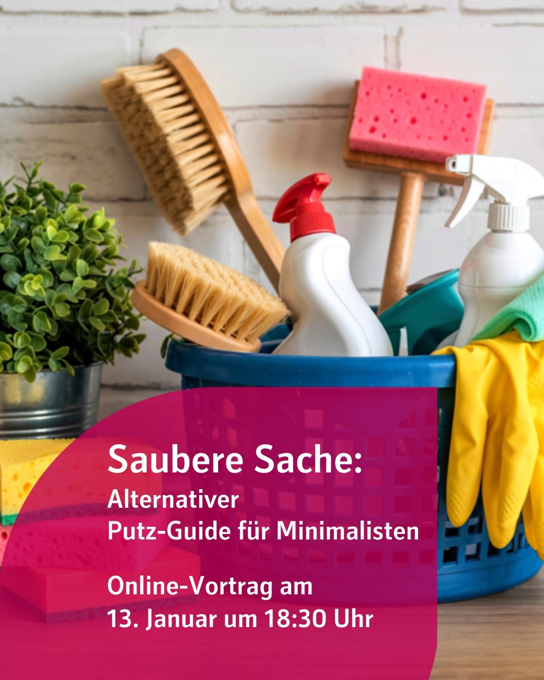 Auf dem Bild sind Putz-Utensilien zu sehen. Bildtext: Saubere Sache. Alternativer
Putz-Guide für Minimalisten
Online-Vortrag am
13. Januar um 18:30 Uhr