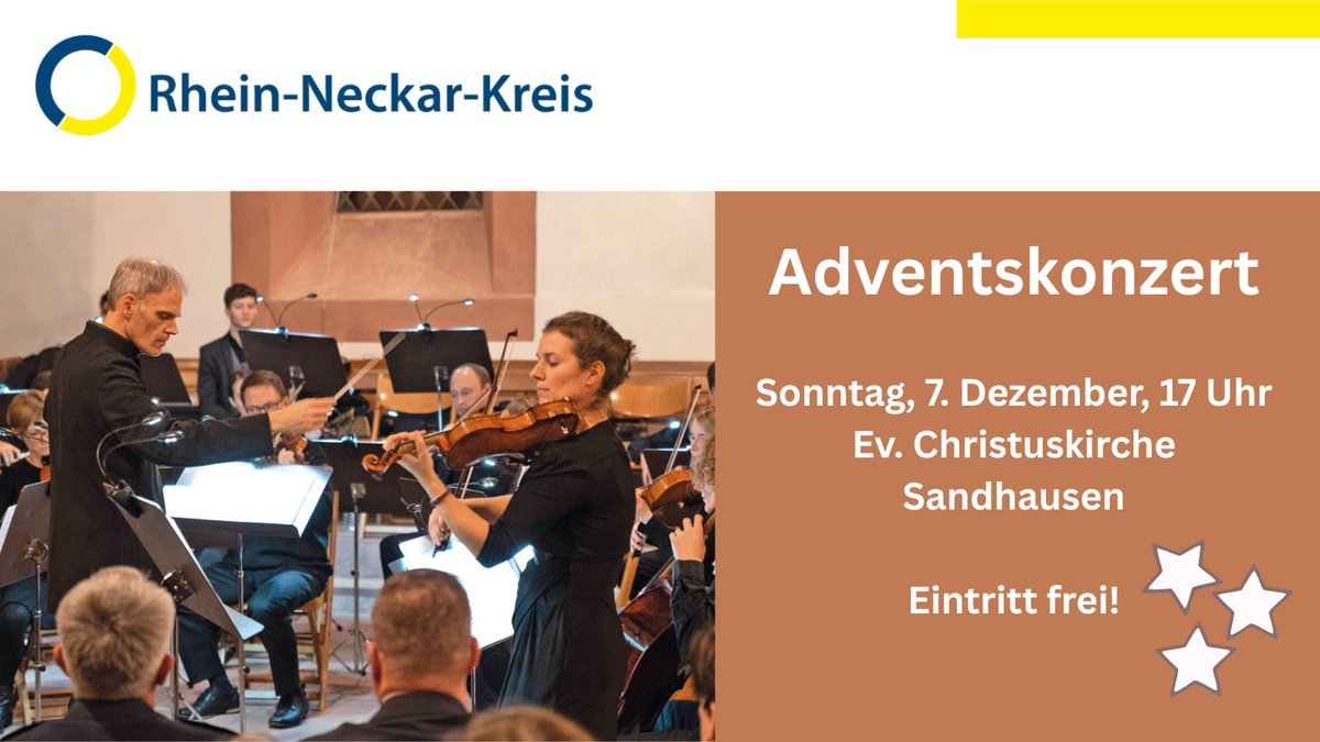 Foto der Jungen Philharmonie - daneben die Aufschrift "Adventskonzert, 7.12., 17 Uhr, Ev. Christuskirche Sandhausen. Eintritt frei."