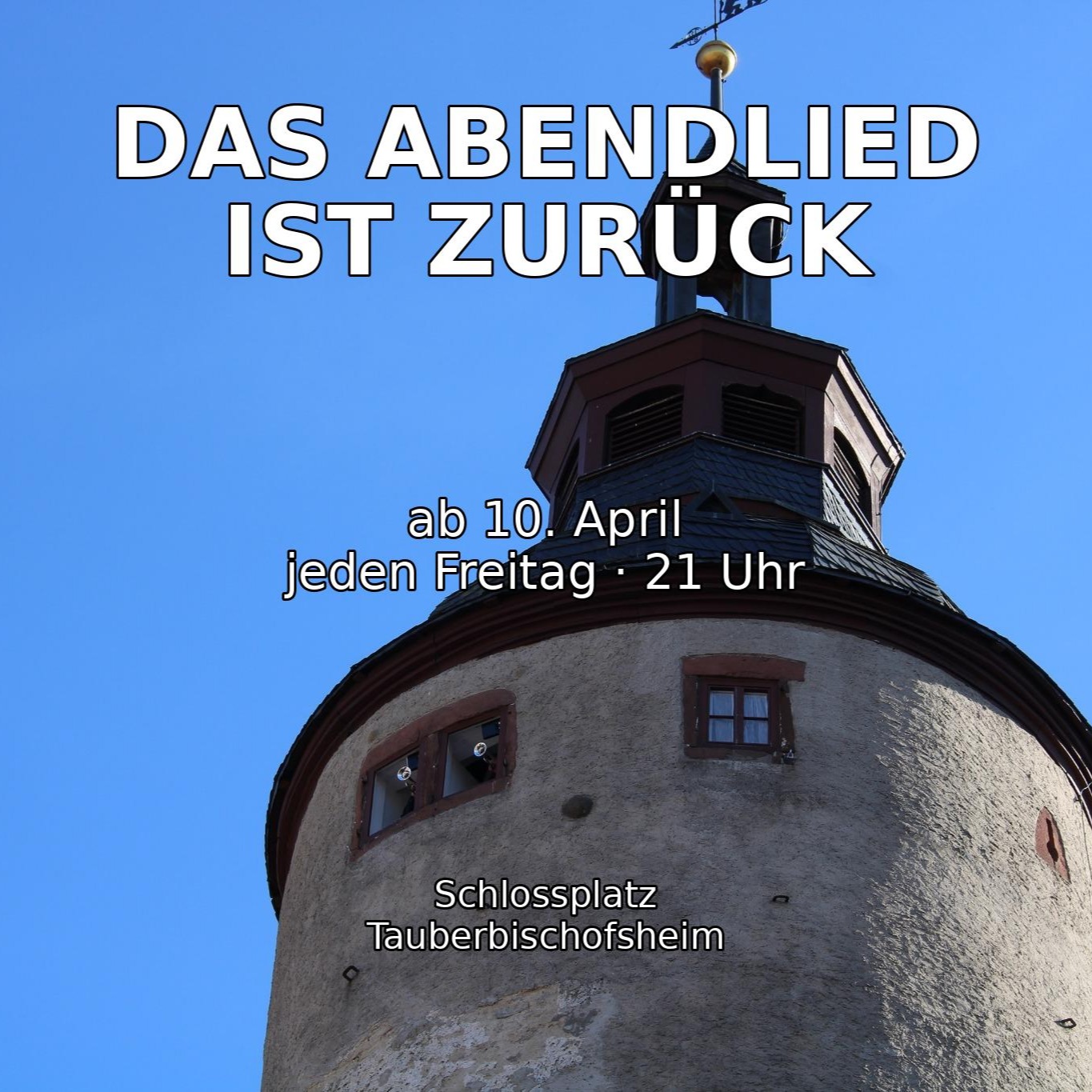 Dieser Alternativtext wurde KI-generiert: Ein hoher Turm mit einer Spitze gegen einen blauen Himmel. Auf dem Bild steht ein Text mit Informationen zu einem Event an einem bestimmten Ort und Datum.
