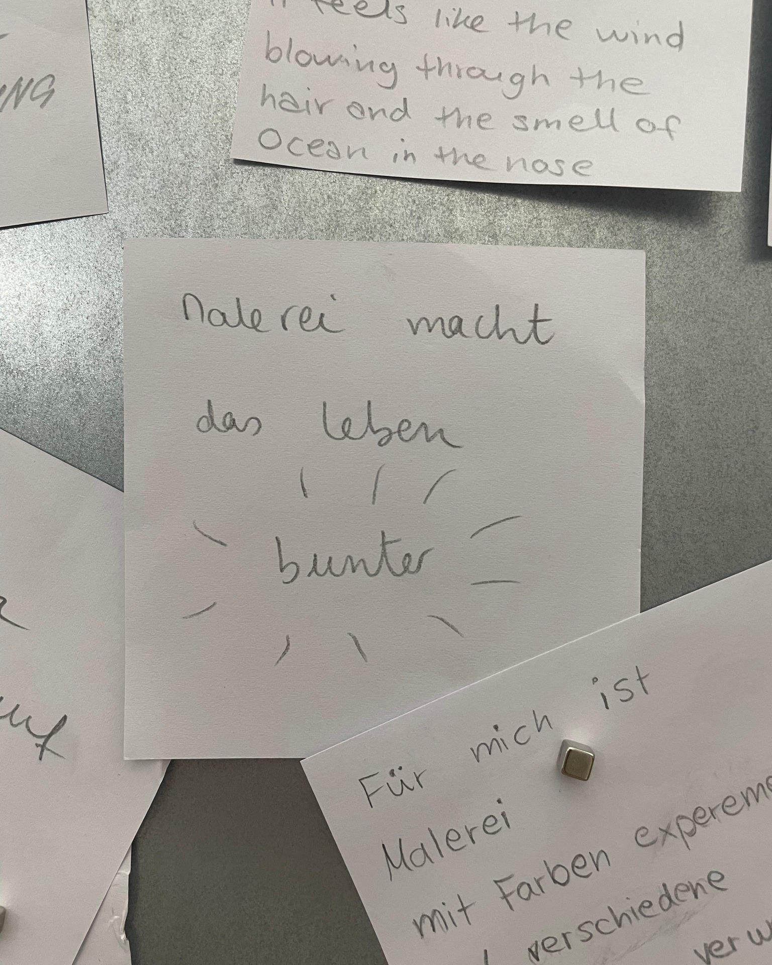 Dieser Alternativtext wurde KI-generiert: Mehrere handgeschriebene Notizen auf weißen Papieren sind an einer grauen Wand befestigt. Die Notizen enthalten Text und Kritzeleien in Schwarzweiß.