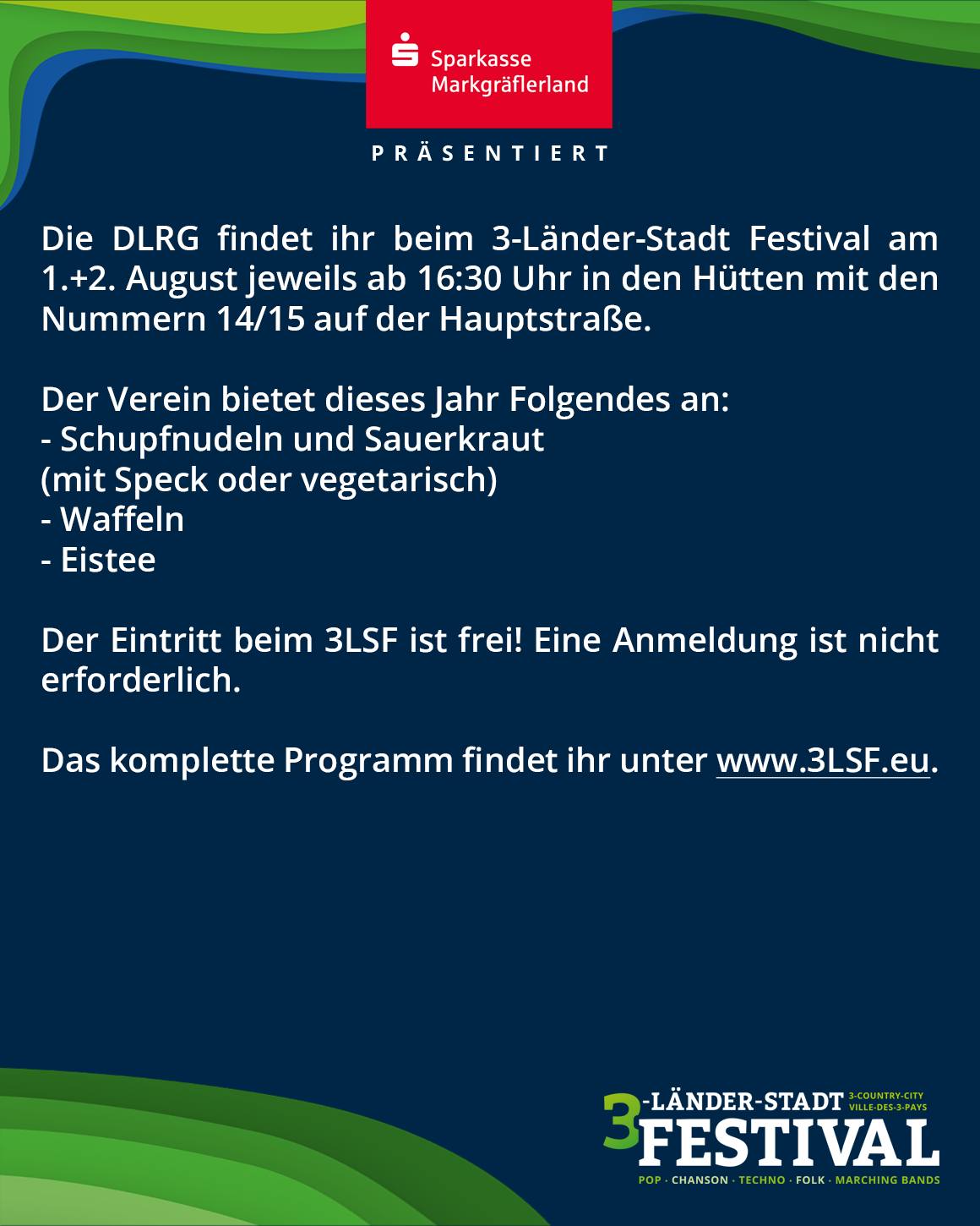 Werbeplakat für ein Festival. Es enthält Informationen zu Ort, Datum und dem angebotenen Essen und Getränken.