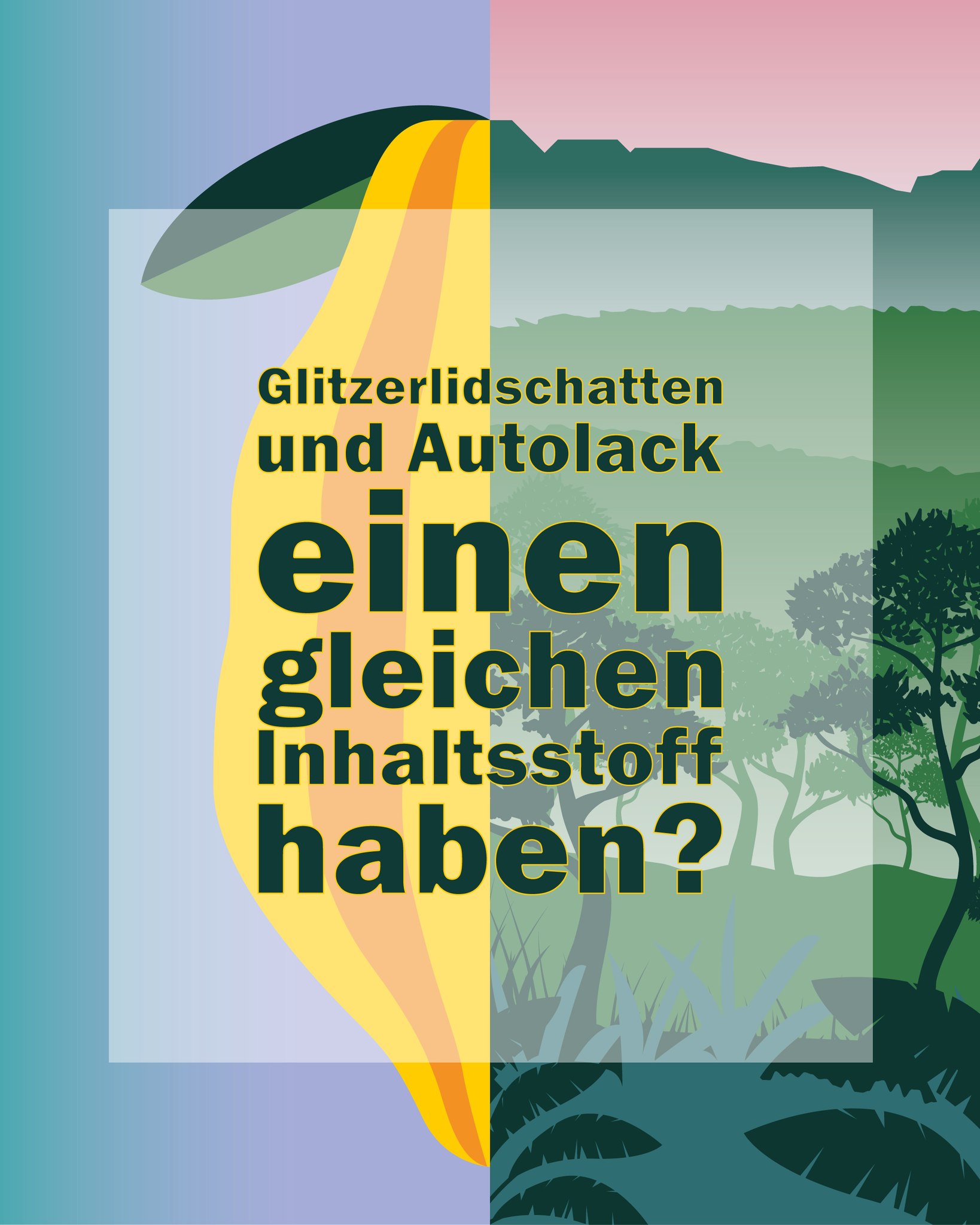 Grafik mit der Frage „Glitzerlidschatten und Autolack einen gleichen Inhaltsstoff haben?“. Der Hintergrund ist vertikal geteilt: links eine abstrakte gelbe Form auf Blau, rechts eine stilisierte grüne Landschaft. (KI-Alternativtext)