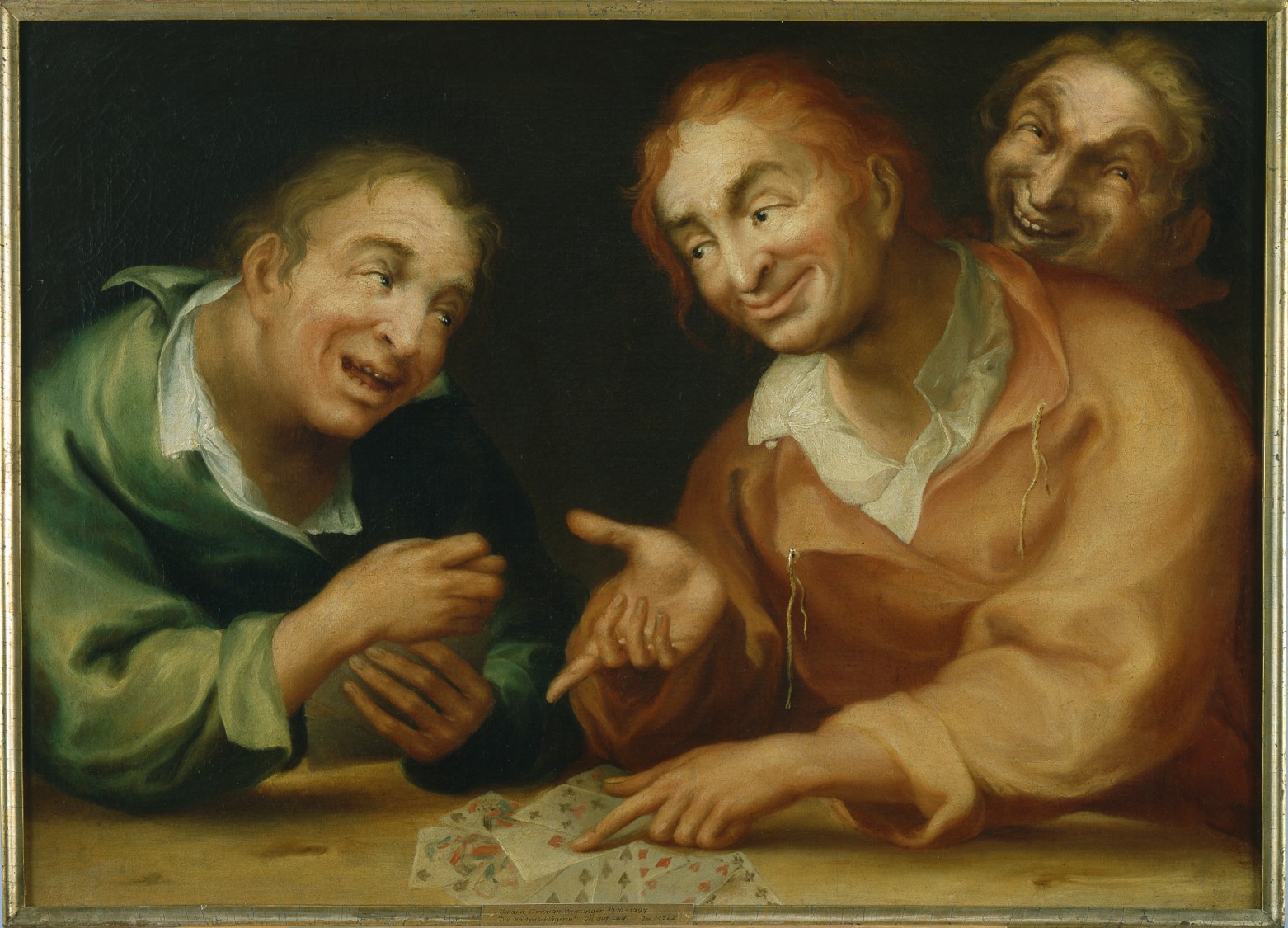 Dieser Alternativtext wurde KI-generiert: Ein historisches Gemälde zeigt mehrere Personen, die Karten spielen. Die Darstellung ist im Stil der Barockmalerei gehalten.