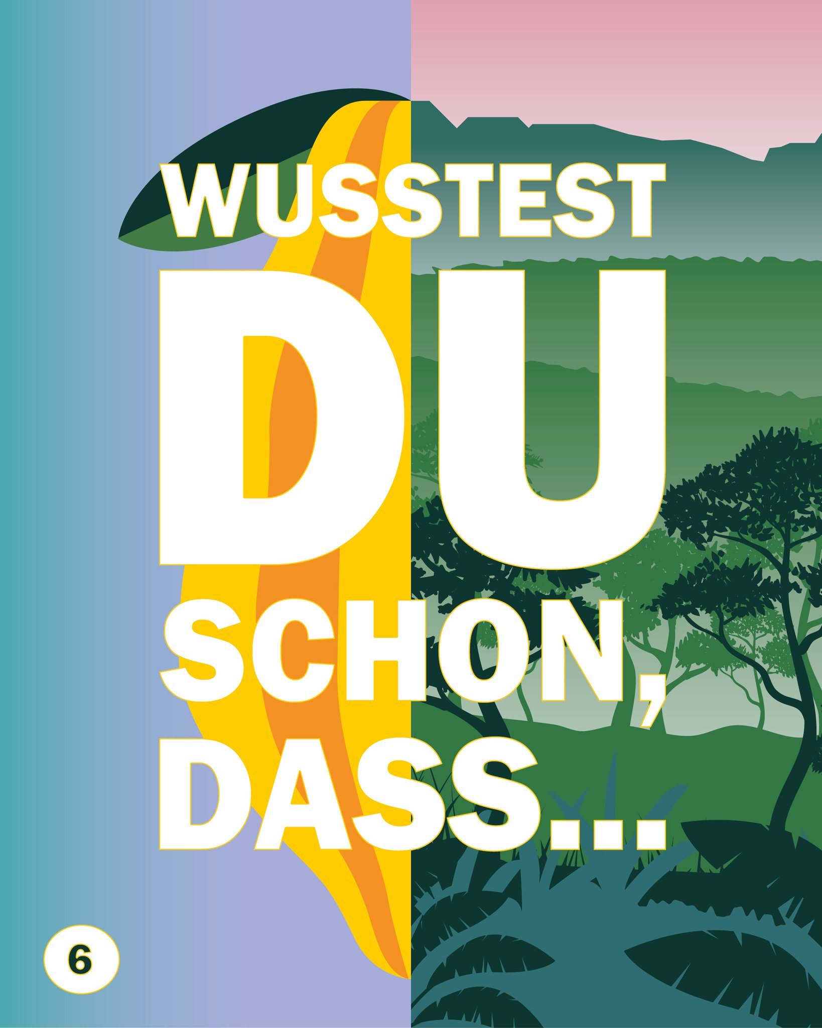Große weiße Schrift in der Mitte lautet „WUSSTEST DU SCHON, DASS...“. Der Hintergrund ist vertikal geteilt: Links ein blauer Farbverlauf mit einem gelben Blatt, rechts eine grüne Landschaft mit Bäumen und Hügeln. Unten links befindet sich ein weißer Kreis mit der Zahl 6. (KI-Alternativtext)