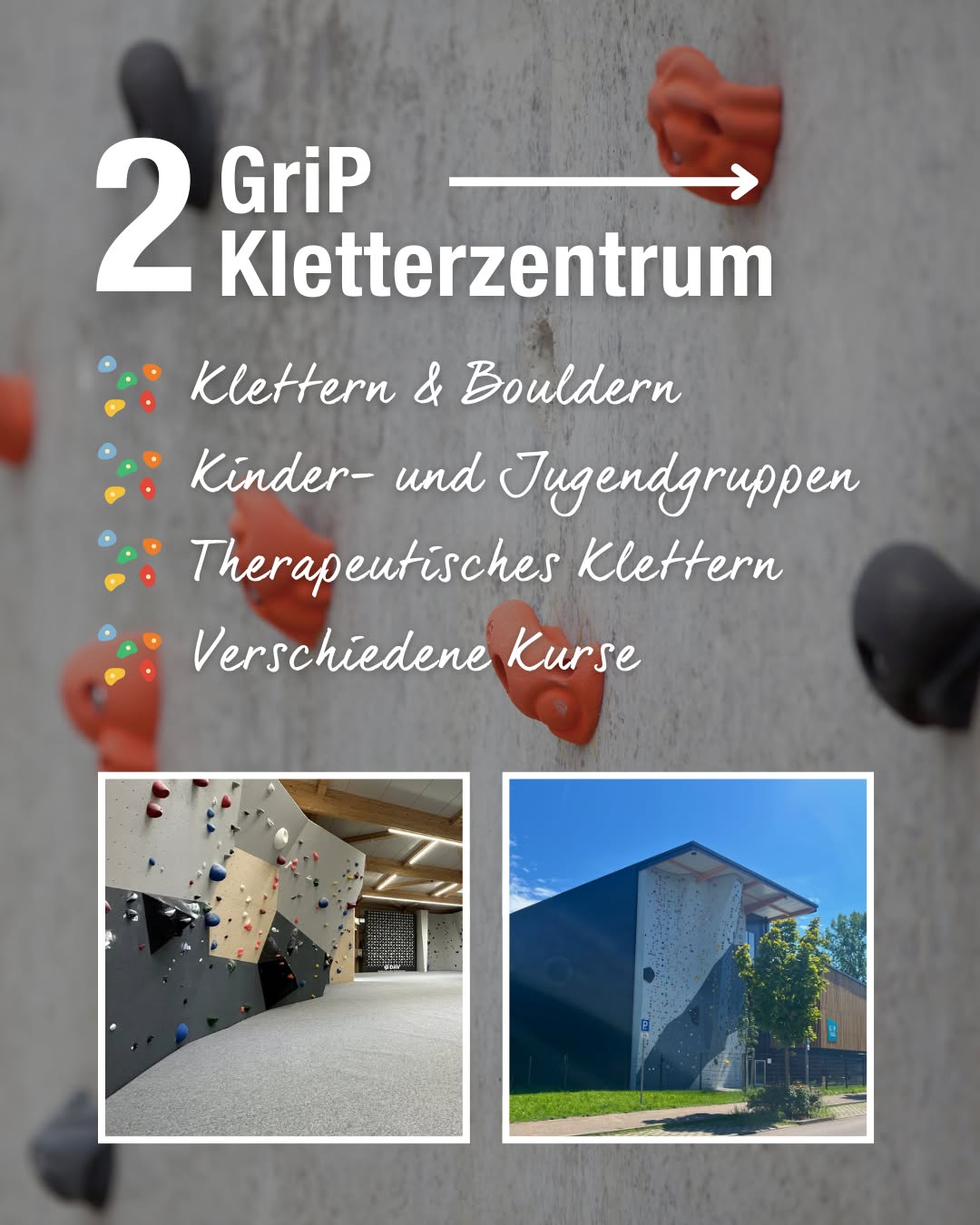 Dieser Alternativtext wurde KI-generiert: Ein farbiges Werbeplakat für ein Kletterzentrum. Es zeigt unten zwei Fotos von Kletterwänden und informiert über das Angebot für Kinder, Jugendliche und therapeutisches Klettern.