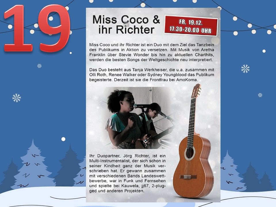 Dieser Alternativtext wurde KI-generiert: Ein farbiges Werbeplakat kündigt eine Tanzveranstaltung mit Live-Musik an. Darüber hinaus ist ein Foto von zwei Personen mit einem Instrument zu sehen.