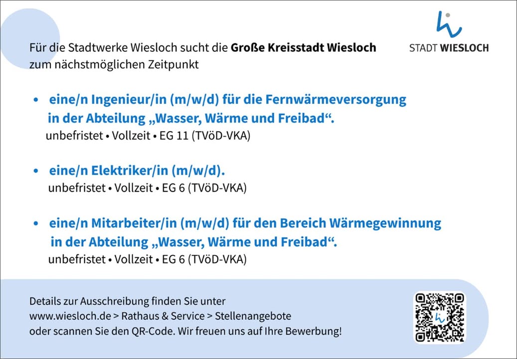 Dieser Alternativtext wurde KI-generiert: Schwarz-weißes Bild mit Text, der auf offene Stellen für verschiedene Fachkräfte hinweist. Ein QR-Code ist im unteren rechten Bereich zu sehen.