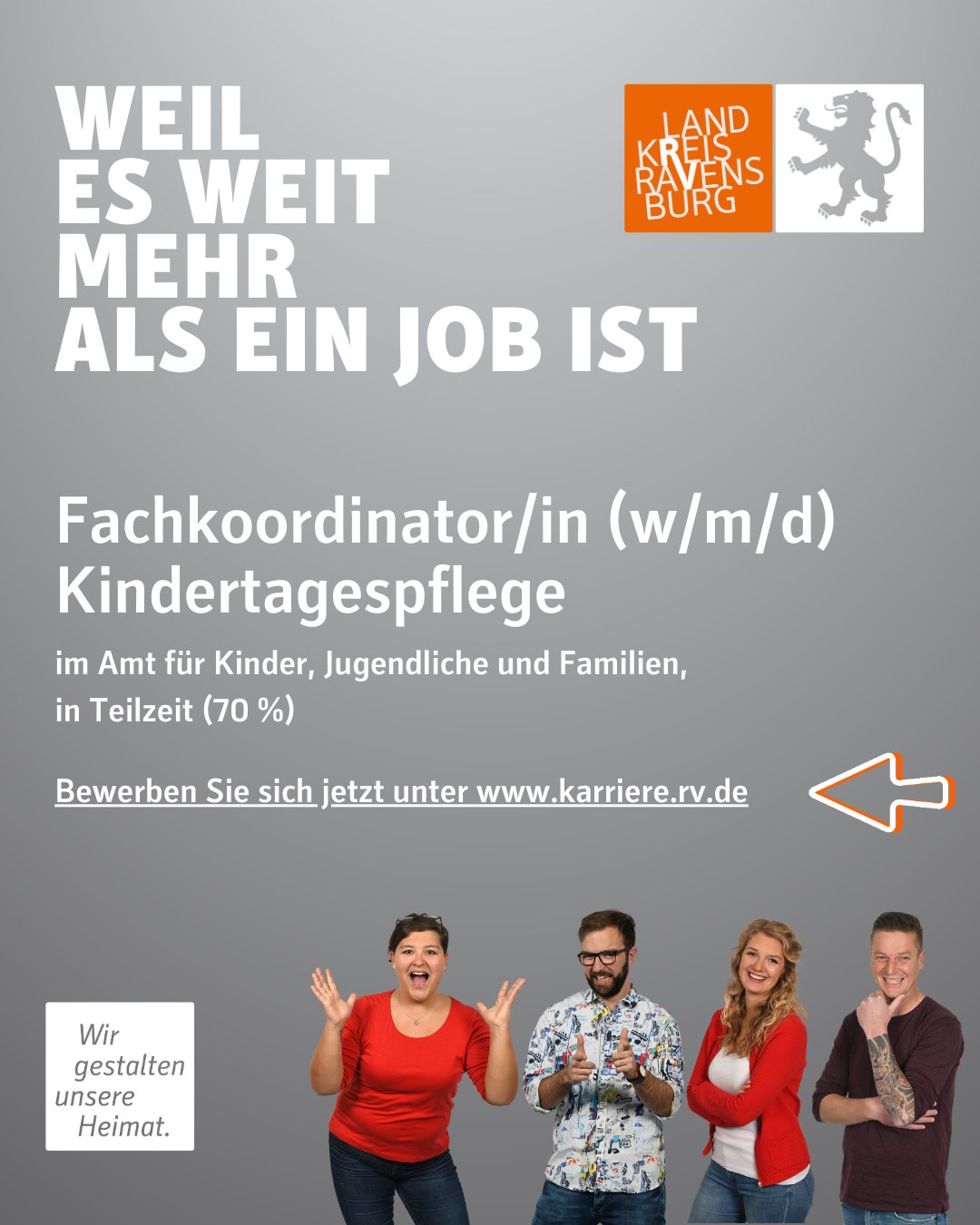 Dieser Alternativtext wurde KI-generiert: Ein dunkler Hintergrund mit weißem Text bewirbt eine Stelle als Fachkoordinator/in für Kindertagespflege. Darunter sind vier lächelnde Personen zu sehen.