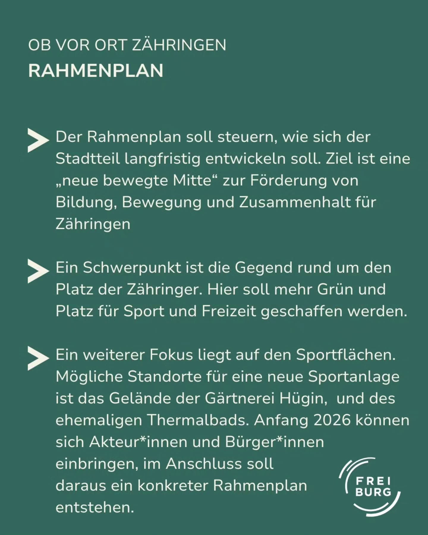 Dieser Alternativtext wurde KI-generiert: Ein monochromatisches, dunkelgrünes Bild mit Text. Der Text beschreibt Ziele für die langfristige Entwicklung eines Stadtteils, inklusive Förderung von Bildung und Freizeitgestaltung.