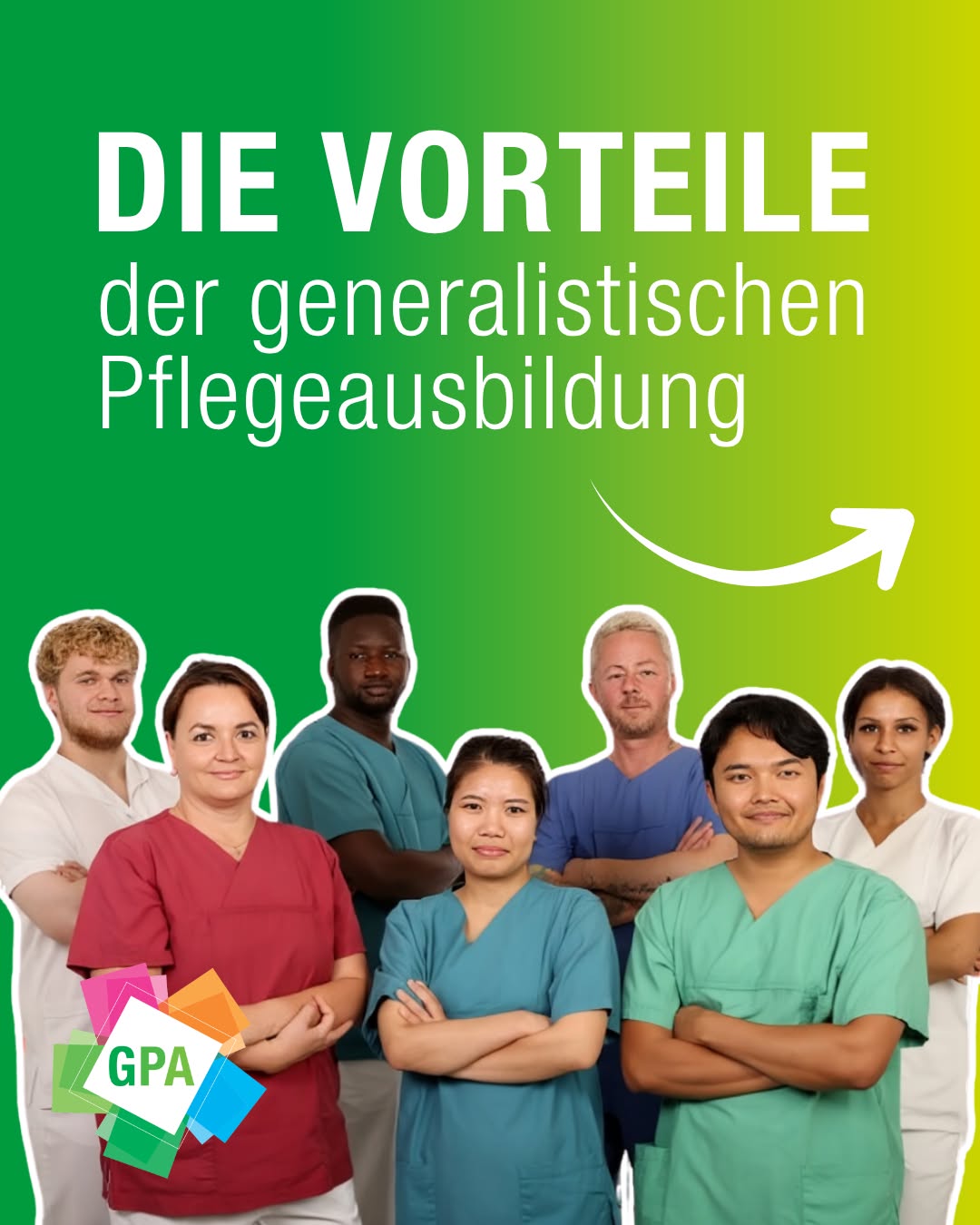 Dieser Alternativtext wurde KI-generiert: Ein farbenfrohes Bild mit einer Gruppe von Menschen in medizinischer Kleidung. Im oberen Bereich des Bildes steht ein Text mit dem Titel 'Die Vorteile der generalistischen Pflegeausbildung'.