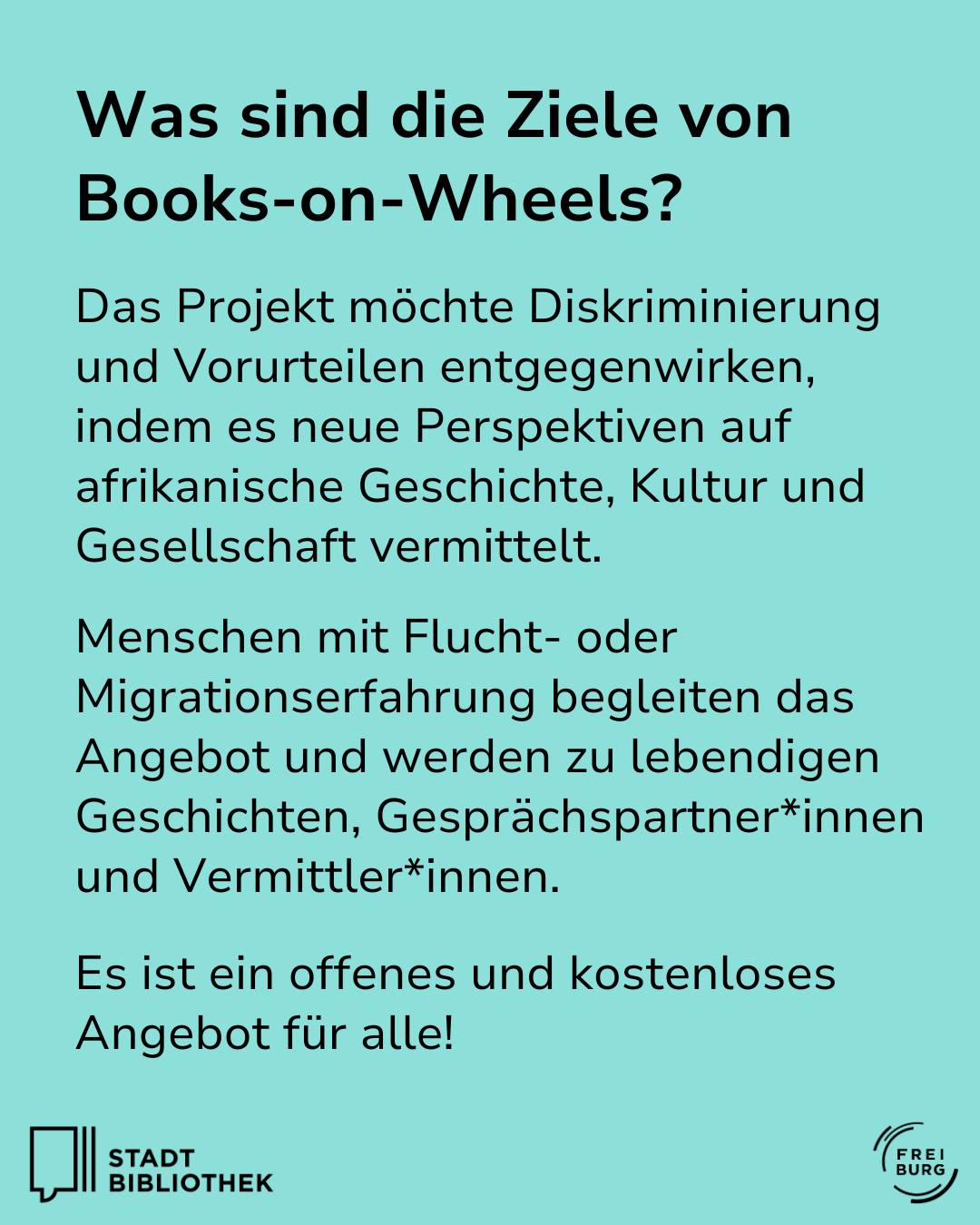 Dieser Alternativtext wurde KI-generiert: Schwarzer Hintergrund mit weißem Text, der die Ziele eines Projekts beschreibt. Es ist ein offenes und kostenloses Angebot für alle!