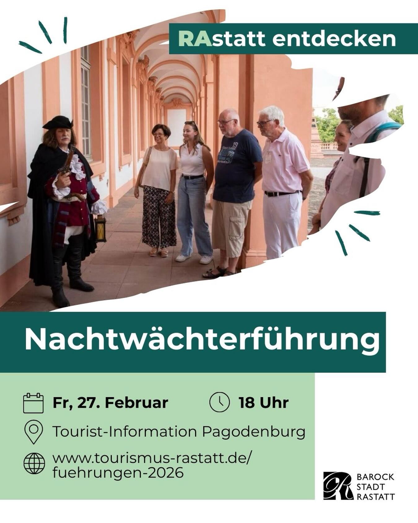 Dieser Alternativtext wurde KI-generiert: Ein Werbeplakat in Farbe mit einer Gruppe von Personen vor einem Gebäude. Es bewirbt eine Nachtwächterführung am 27. Februar um 18 Uhr.