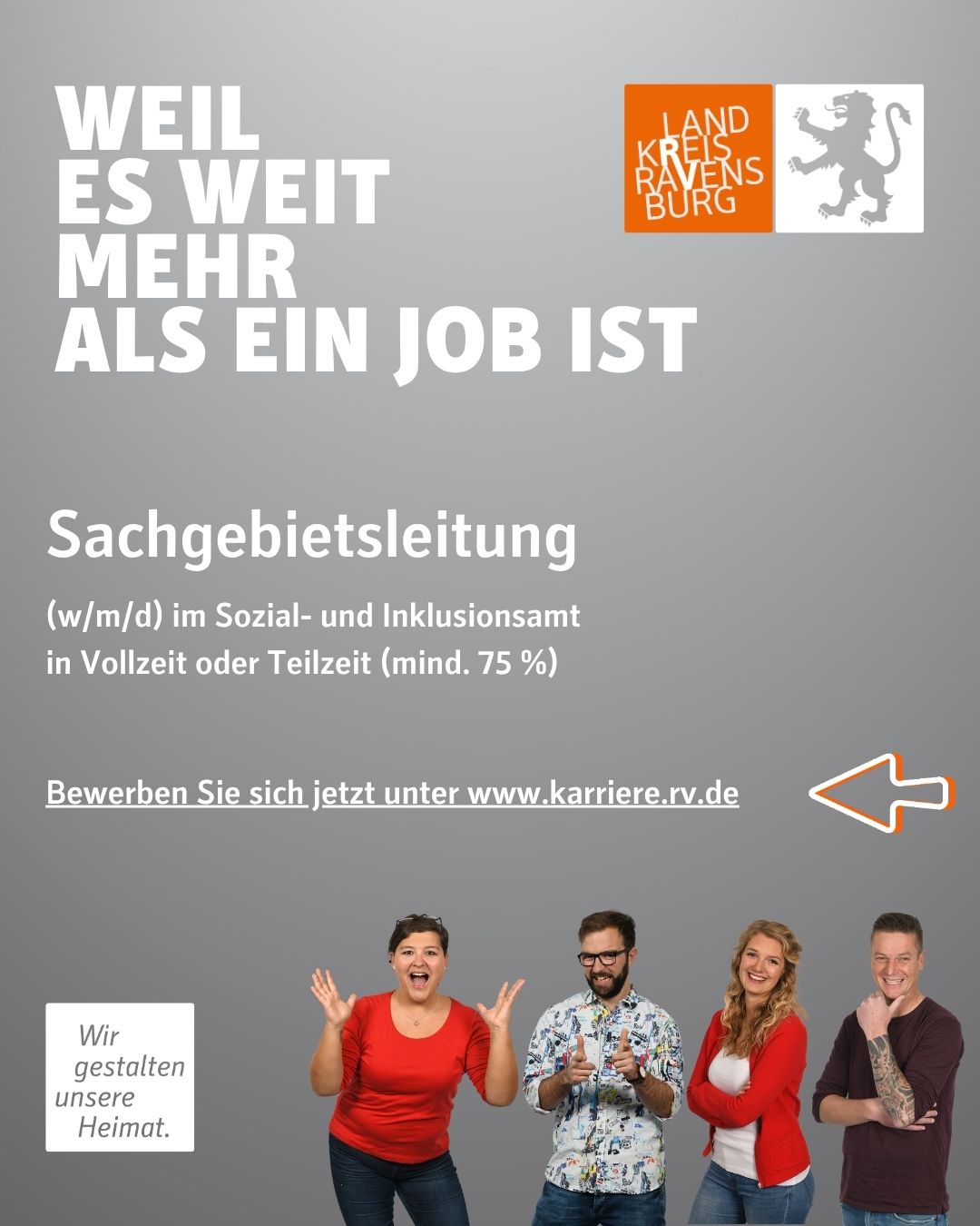 Werbung für eine Stellenausschreibung mit dem Titel: Sachgebietsleitung (w/m/d) im Sozial- und Inklusionsamt. Darunter sind vier lachende Menschen zu sehen.