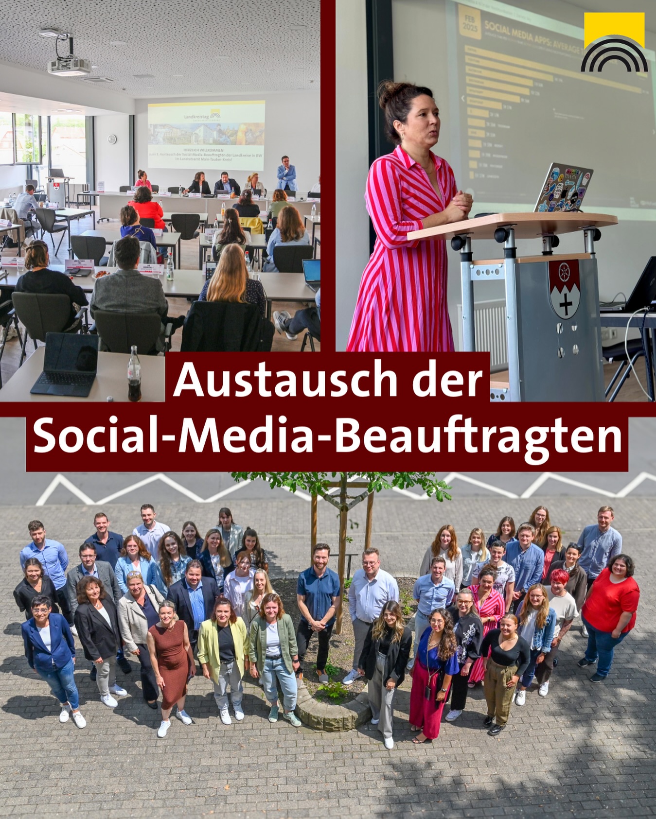 Das Bild zeigt eine Collage aus einem Vortrag in einem Raum, einem Gruppenfoto und dem Text "Austausch der Social-Media-Beauftragten".