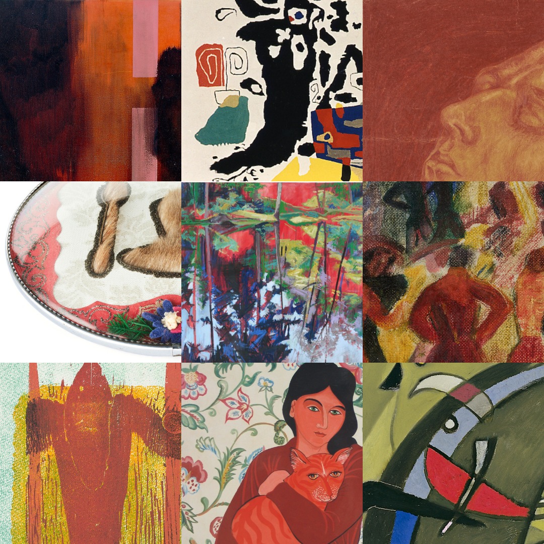 Dieser Alternativtext wurde KI-generiert: Eine Collage aus neun Gemälden in unterschiedlichen Stilen und Farbgebungen. Die Bilder zeigen abstrakte Formen, Landschaften und Figuren.