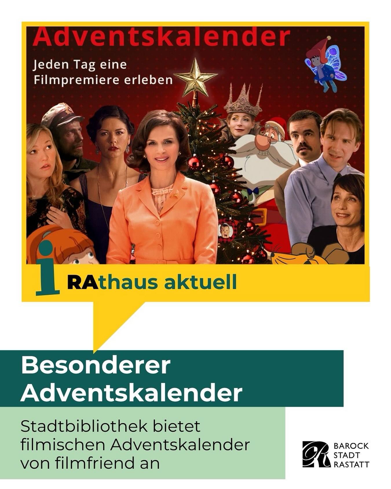 Dieser Alternativtext wurde KI-generiert: Werbeanzeige für einen Adventskalender mit Filmpremieren. Mehrere Personen und eine Weihnachtsbaum-Illustration sind zu sehen, umgeben von Text und Logos.
