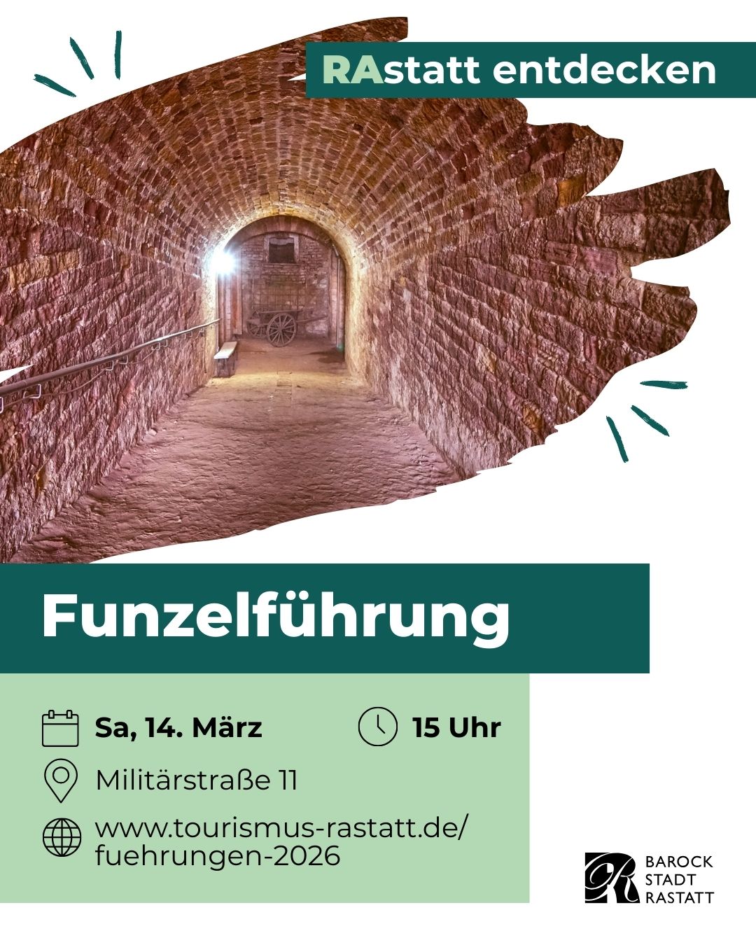 Dieser Alternativtext wurde KI-generiert: Ein Tunnelbogen ist im Bild zu sehen. Darunter befindet sich Text mit Informationen zu einer Führung, Datum, Uhrzeit und Adresse.