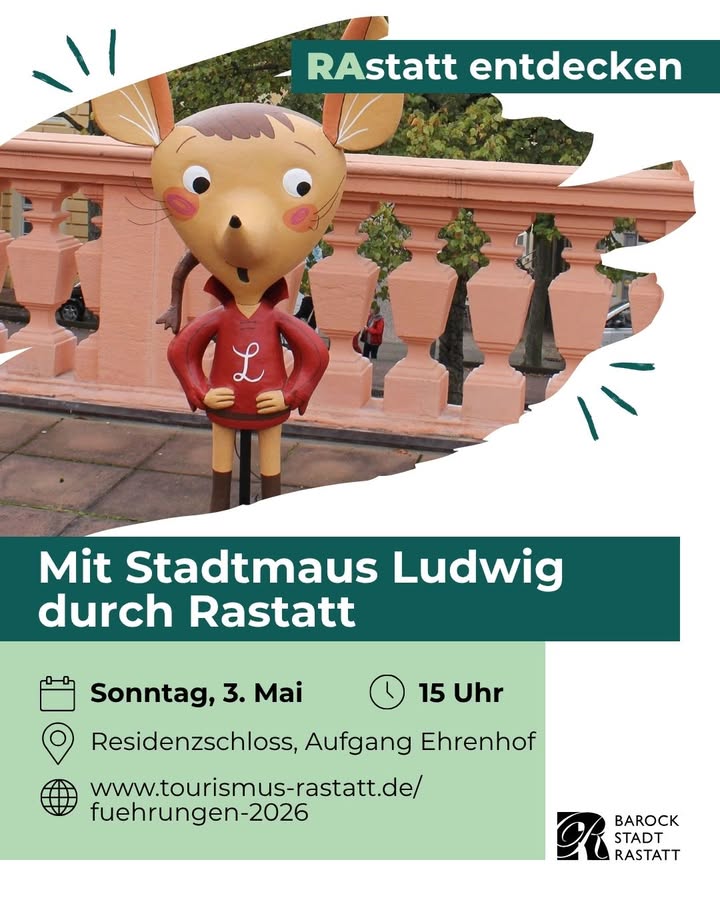 Dieser Alternativtext wurde KI-generiert: Eine farbenfrohe Illustration zeigt eine Figur mit einem Tierkopf, stehend vor einer Mauer mit Eisenzaun. Darunter befindet sich Text mit Informationen zu einer Stadtführung.