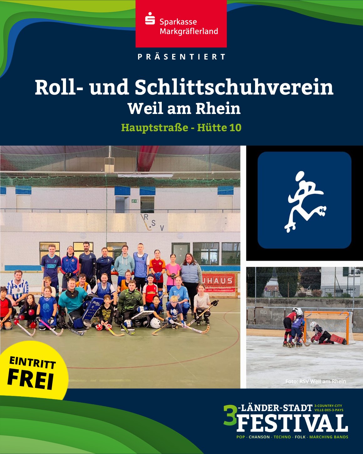 Auf dem Werbebild sind Vereinsmitglieder und Logos zu sehen, inklusive eines Logos einer Sparkasse.