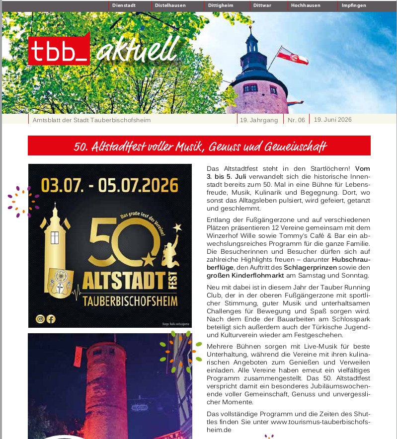 Titelseite des Amtsblatts der Stadt Tauberbischofsheim mit Ankündigung des 50. Altstadtfests vom 3. bis 5. Juli 2026, inklusive Programmhinweisen und einem Bild des historischen Turms bei Nacht. (KI-Alternativtext)