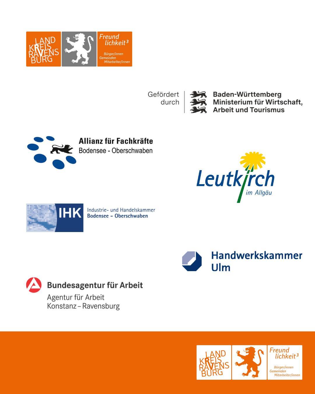 Zu sehen sind folgende Logos. Landkreis Ravensburg - Freundlichkeit Hoch Drei. Gefördert durch - Baden-Württemberg Ministerium für Wirtschaft, Arbeit und Tourismus. Allianz für Fachkräfte Bodensee-Oberschwaben. Leutkirch im Allgäu. IHK - Industrie- und Handelskammer Bodensee-Oberschwaben. Handwerkskammer Ulm. Bundesagentur für Arbeit - Agentur für Arbeit Konstanz -Ravensburg.