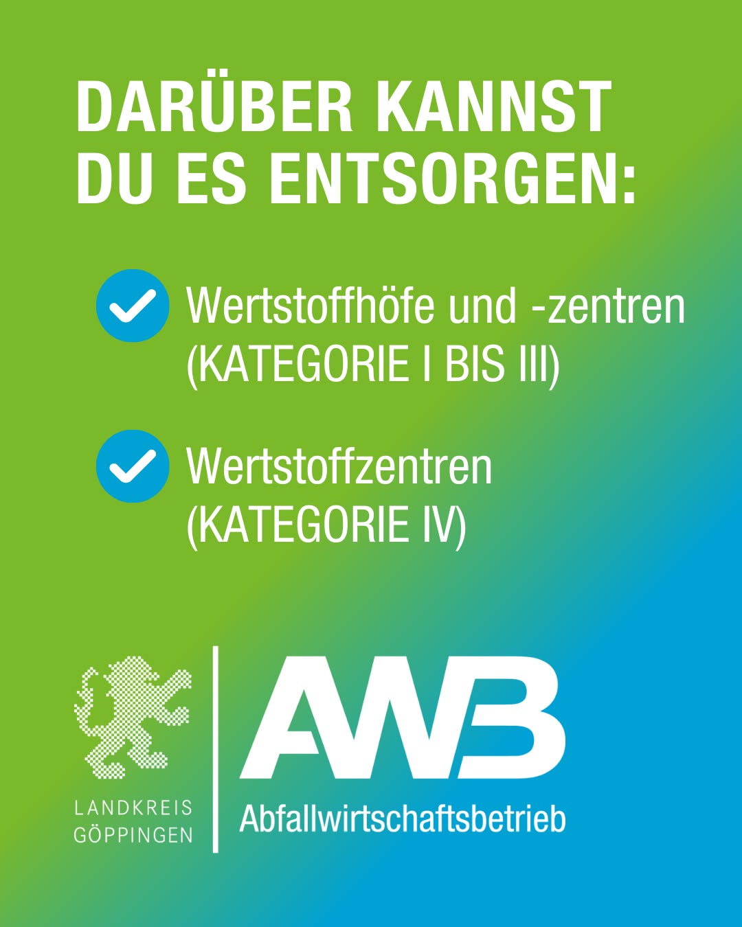 Ein farbiges Bild mit grüner und blauer Gestaltung zeigt verschiedene Entsorgungsmöglichkeiten und dazugehörige Kategorien. Unten sind Logos und Schriftzüge zu sehen.