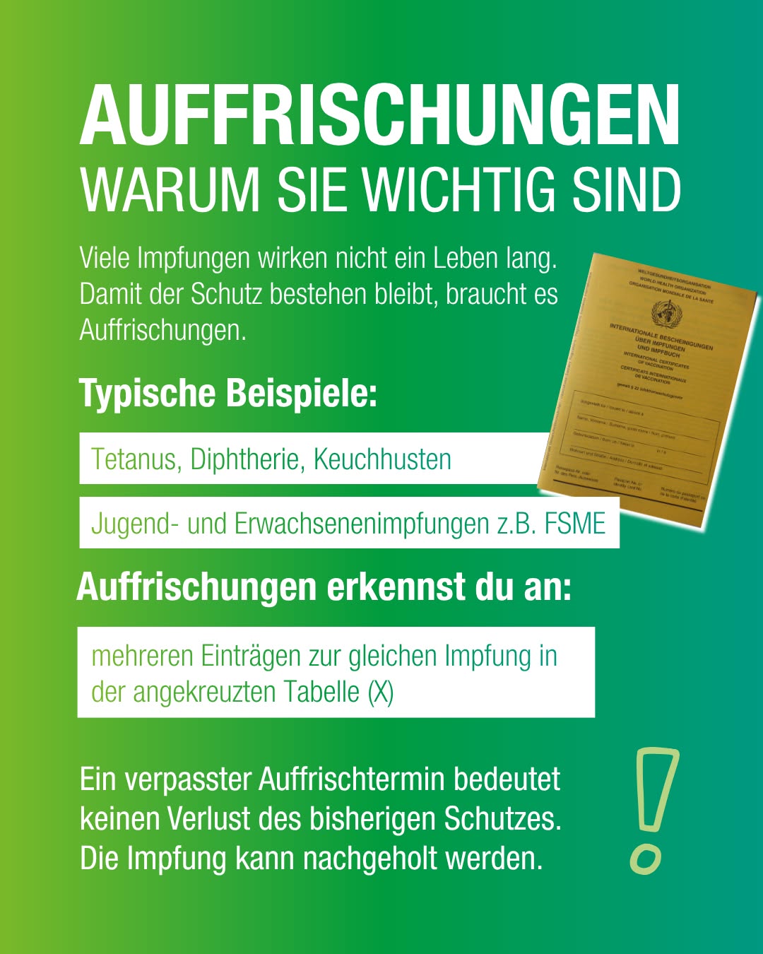 Dieser Alternativtext wurde KI-generiert: Ein schwarz-weißes Plakat informiert über die Wichtigkeit von Impfauffrischungen. Es enthält Textbeispiele und eine Abbildung eines Impfausweises.
