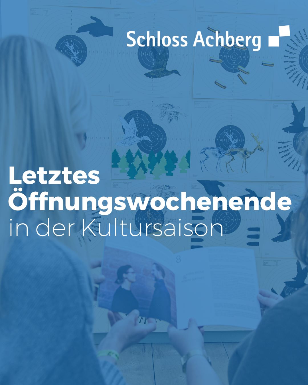 Dieser Alternativtext wurde KI-generiert: Ein Werbeplakat mit einem blauen Farbton. Es zeigt stilisierte Zielscheiben, Tiere und Text über ein bevorstehendes letztes Wochenende einer Kultursaison.