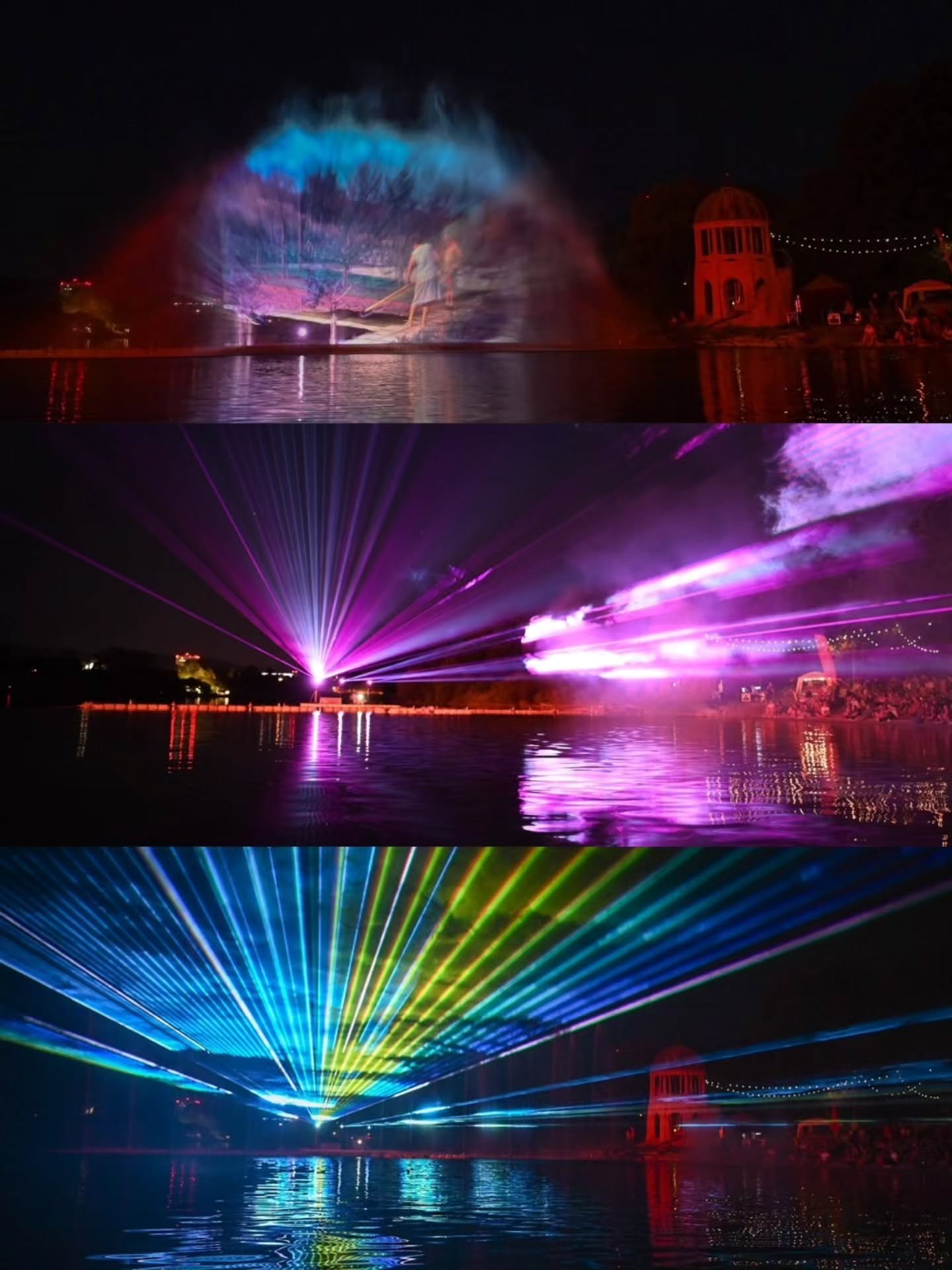 Drei vertikal angeordnete Fotos zeigen eine Lichtshow bei Nacht über einem Gewässer. Oben wird eine Szene mit einer Person auf Nebel projiziert, rechts steht ein kleines Gebäude mit Kuppel. Die mittleren und unteren Bilder zeigen intensive Laserbündel in Violett sowie Blau und Grün, die sich über das Wasser ausbreiten. (KI-Alternativtext)