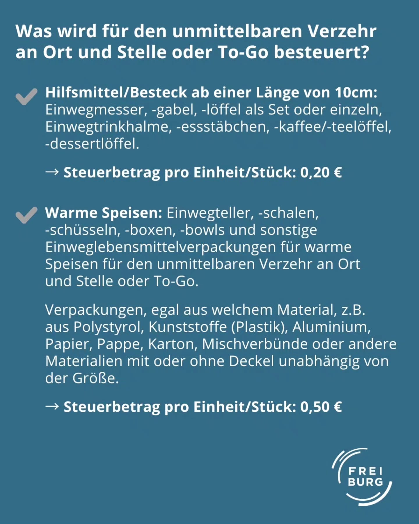 Dieser Alternativtext wurde KI-generiert: Ein farbiges Bild zeigt Text über die Besteuerung von Einwegartikeln und Verpackungen für den sofortigen Verzehr. Es sind verschiedene Artikel und die zugehörigen Steuerbeträge aufgelistet.