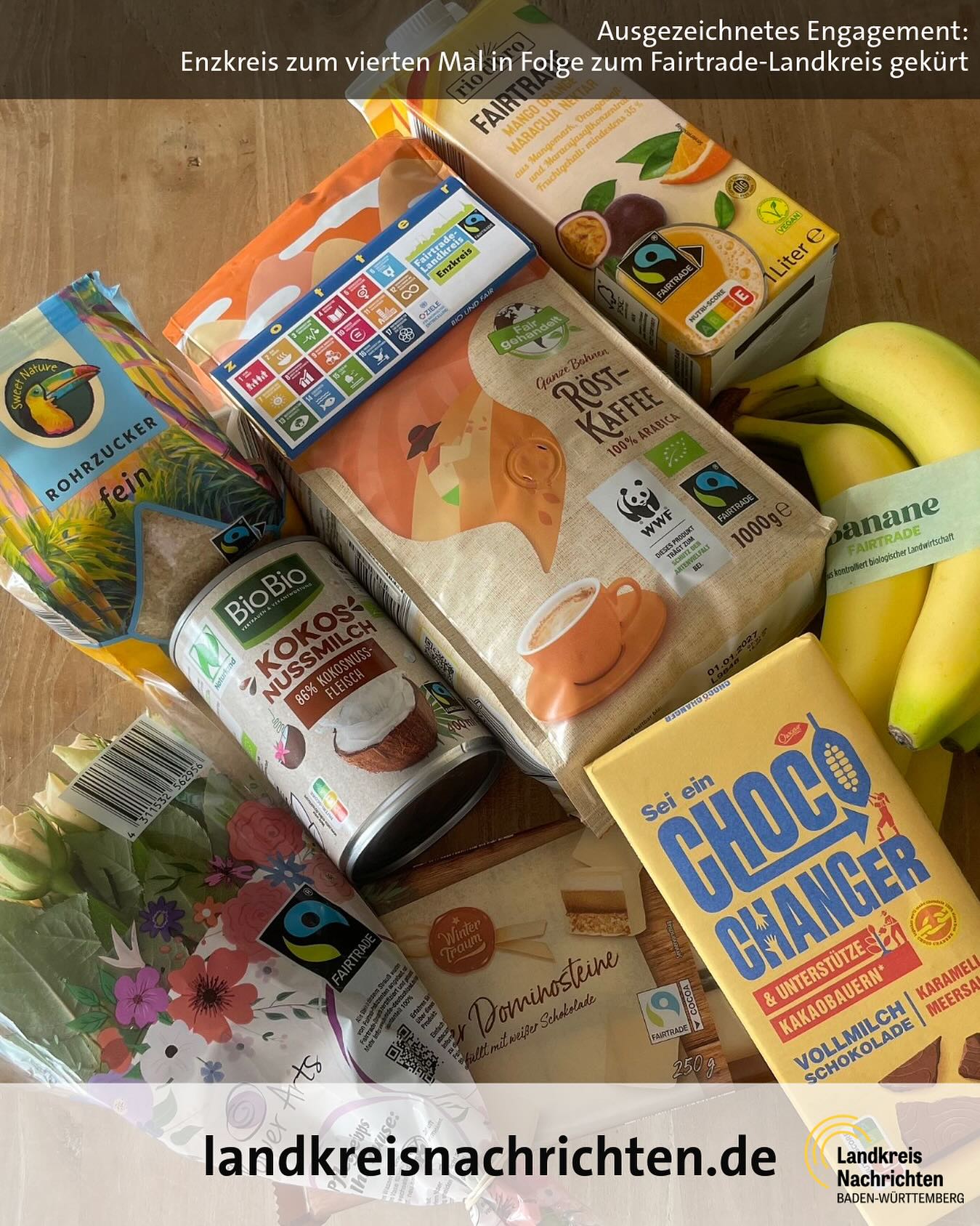 Dieser Alternativtext wurde KI-generiert: Ein farbiges Bild zeigt eine Ansammlung von Lebensmittelprodukten in einer Schachtel oder einem Behälter. Verschiedene Marken und Produktarten, wie Kaffee, Schokolade und Nüsse, sind erkennbar.
