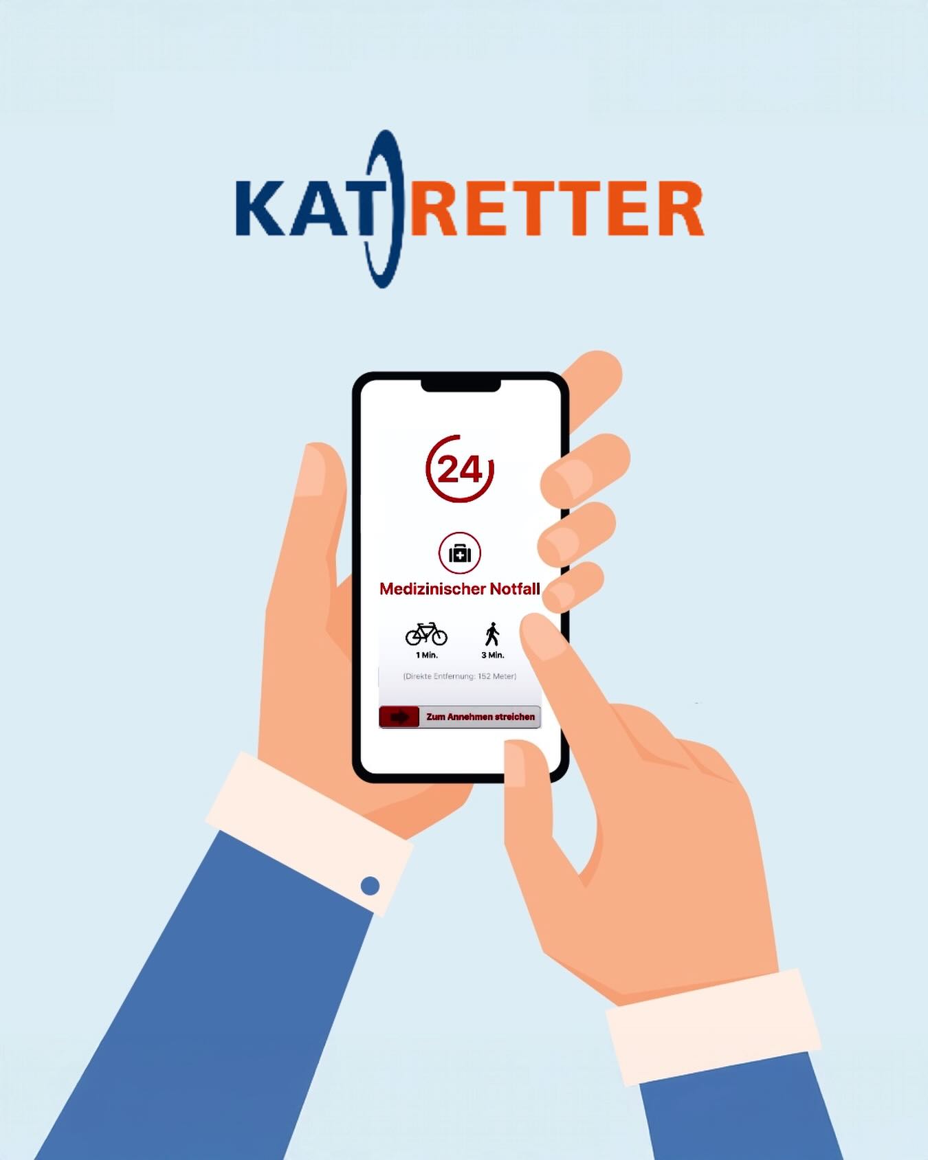 Dieser Alternativtext wurde KI-generiert: Ein Smartphone wird in einer Hand gehalten und zeigt eine App mit einem roten Kreis und Symbolen für Fahrrad und Person. Im Hintergrund ist ein dunkelblauer Farbverlauf zu sehen.