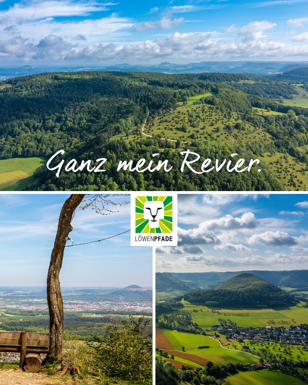 Panoramablick über grüne Hügel und Wälder unter blauem Himmel mit der Aufschrift „Ganz mein Revier.“; darunter zwei Ausschnitte mit Aussichtspunkt, Baum, Bank und Logo „LÖWENPFADE“ sowie Dorf in grüner Landschaft. (KI-Alternativtext)