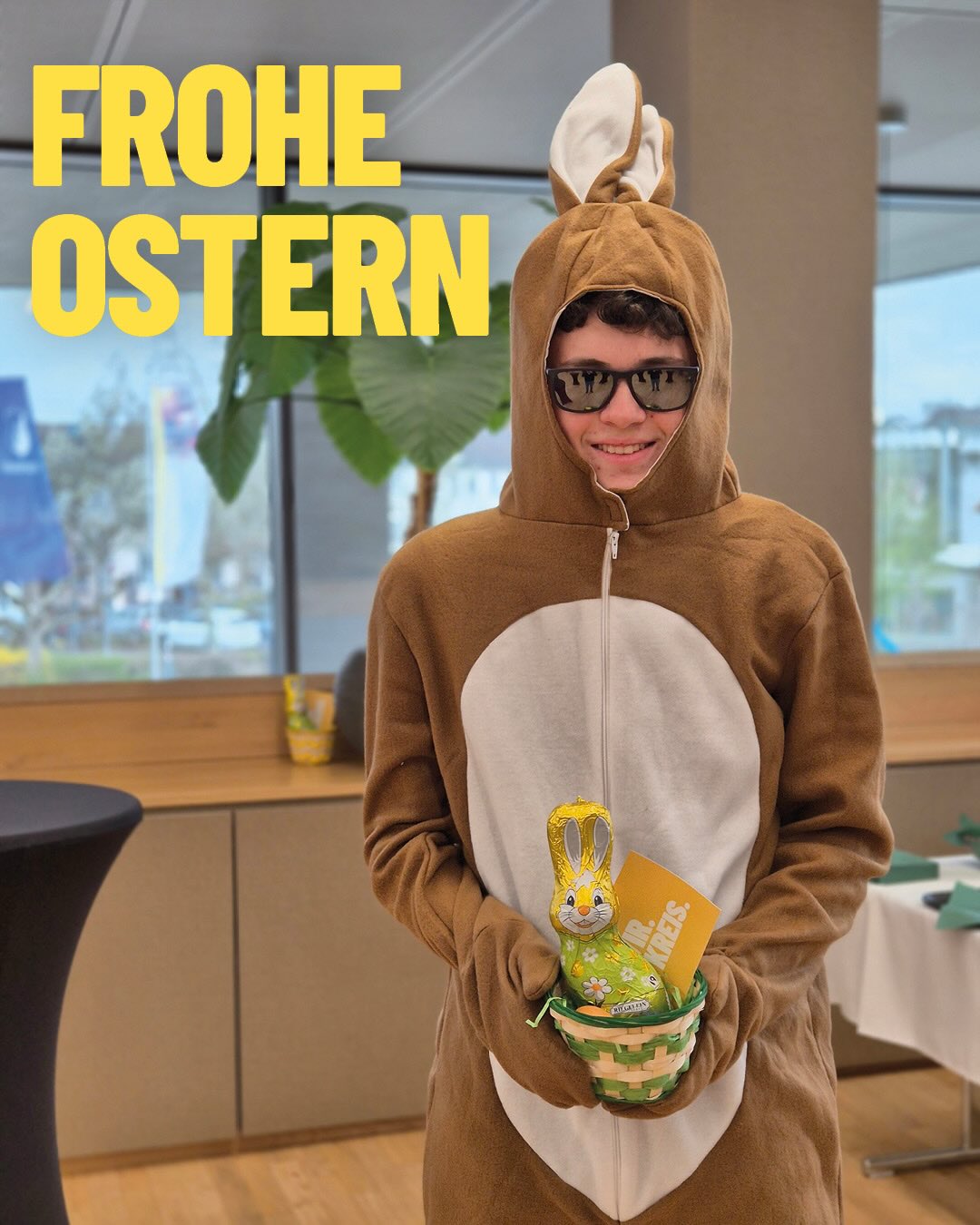 Dieser Alternativtext wurde KI-generiert: Eine Person trägt ein Hasenkostüm und hält einen kleinen Korb mit einem Schokoladenhasen und Dekorationen. Im Hintergrund ist ein Raum mit Fenstern zu sehen, über denen 'Frohe Ostern' steht.