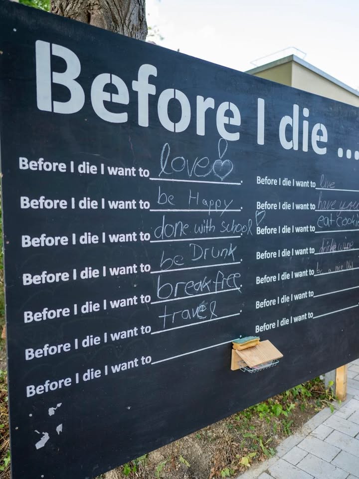 Dieser Alternativtext wurde KI-generiert: Eine Tafel mit weißer Schrift zeigt unvollständige Sätze, die mit "Bevor ich sterbe möchte ich..." beginnen. Verschiedene Ergänzungen zu diesen Sätzen sind bereits zu sehen und es gibt Platz für weitere.