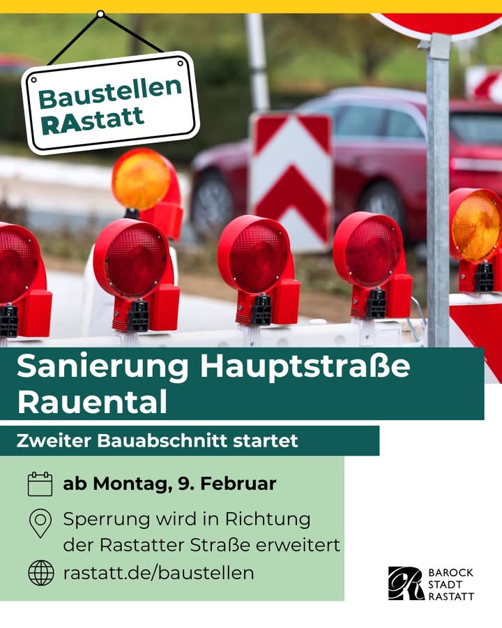 Dieser Alternativtext wurde KI-generiert: Schwarz-weißes Werbeplakat mit roten Warnschildern und Hinweisen zu einer Baustelle. Es informiert über die Sanierung einer Straße und den Beginn der zweiten Bauphase ab dem 9. Februar.