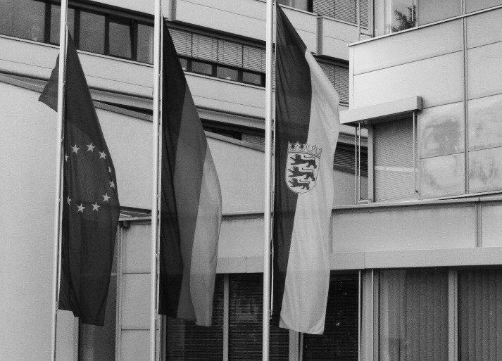 Dieser Alternativtext wurde KI-generiert: Schwarz-Weiß-Fotografie von mehreren Flaggen, die vor einem Gebäude wehen. Die Flaggen zeigen unterschiedliche Designs und Symbole.