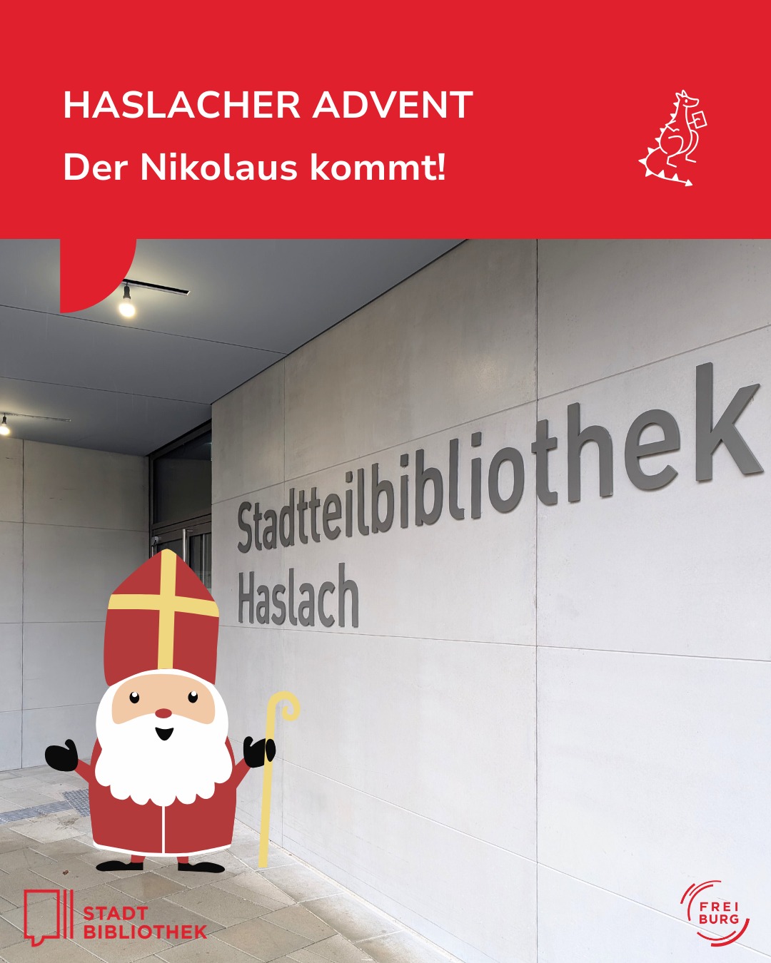 Dieser Alternativtext wurde KI-generiert: Ein rotes Werbeplakat kündigt eine Adventsveranstaltung an. Im Bild ist ein Gebäude mit der Aufschrift "Stadtteilbibliothek Haslach" zu sehen und eine stilisierte Figur.