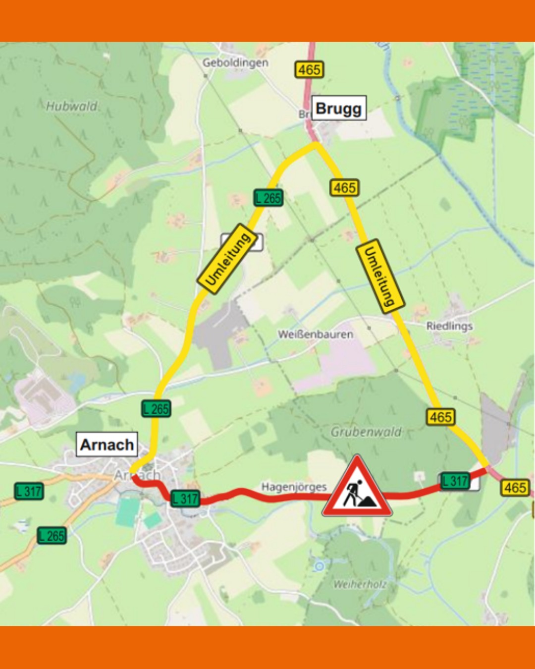 Dieser Alternativtext wurde KI-generiert: Eine farbige Karte zeigt Straßen und Ortschaften in einer ländlichen Umgebung. Eine rot markierte Route weist auf eine Umleitung hin, begleitet von einem Straßenschild.