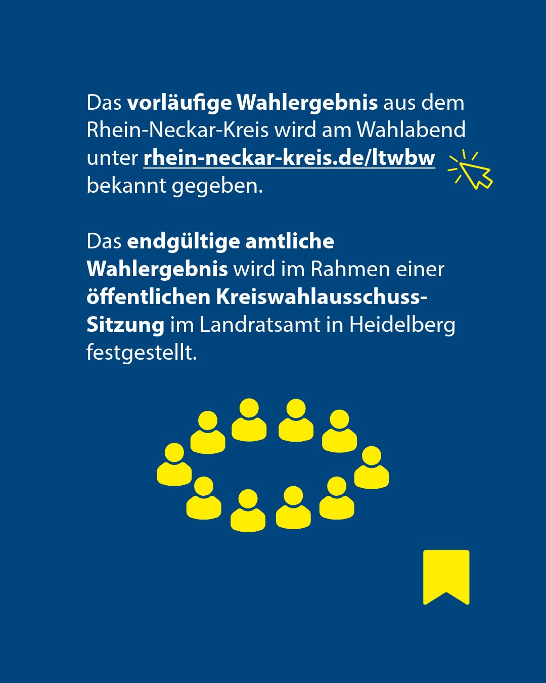 Dieser Alternativtext wurde KI-generiert: Ein blau-gelbes Bild mit Text über vorläufige Wahlergebnisse und die Feststellung durch einen Wahl Ausschuss. Darunter eine stilisierte Gruppe von Personen in einem Kreis und eine gelbe Markierung (Lesezeichen).