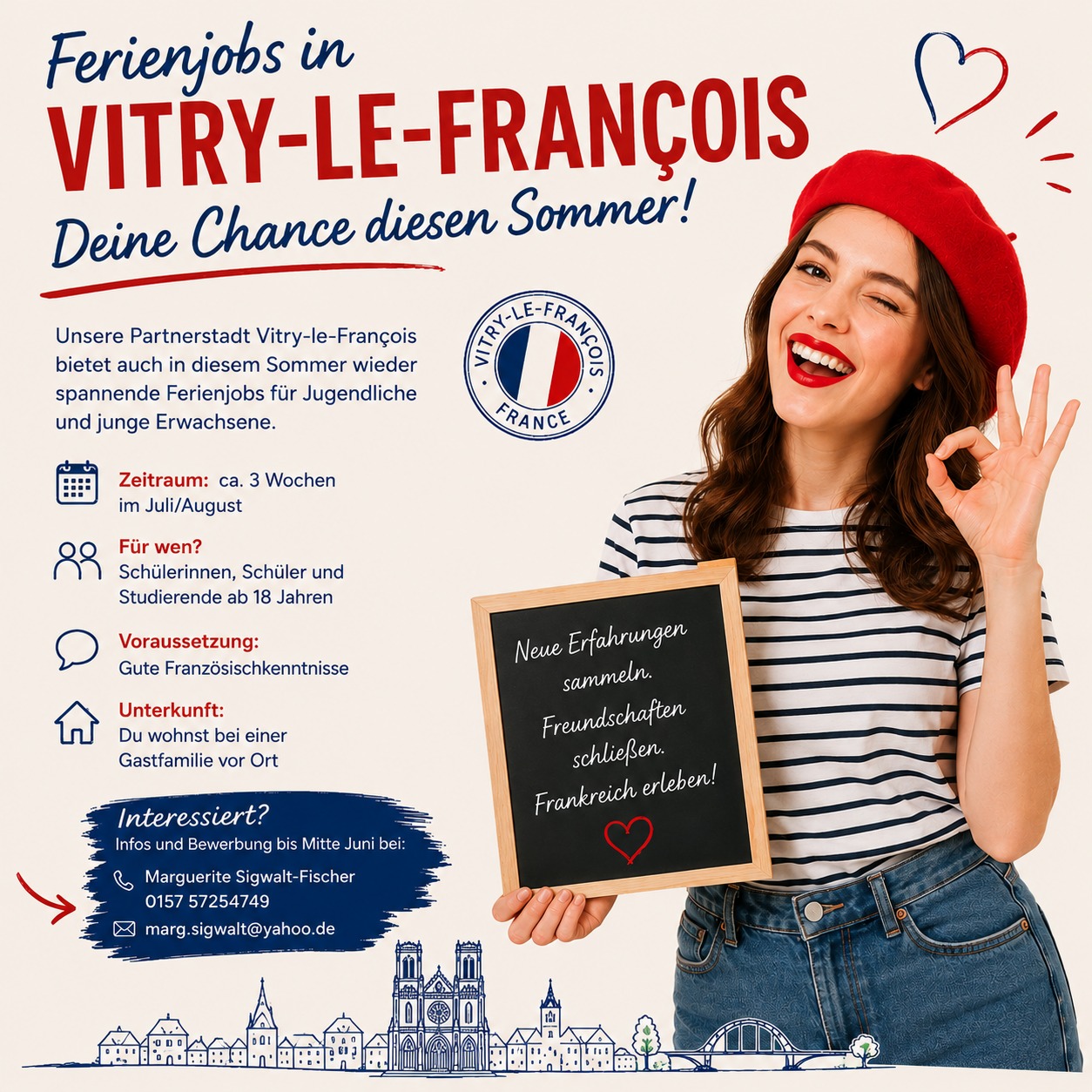 Dieser Alternativtext wurde KI-generiert: Buntes Werbeplakat für Ferienjobs im Sommer. Es zeigt eine Frau vor einer städtischen Kulisse und informiert über die Möglichkeiten für junge Leute ab 18 Jahren.