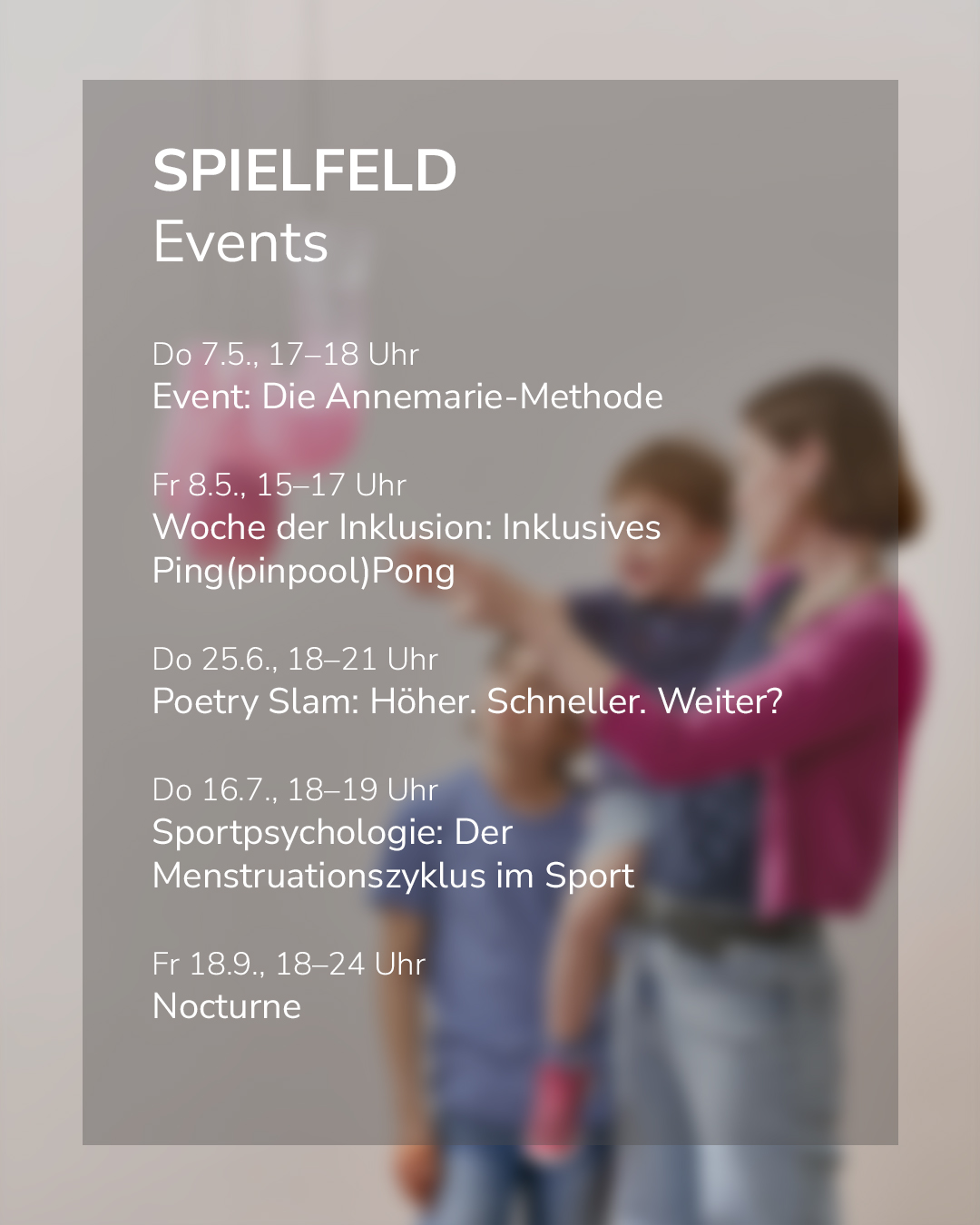 Dieser Alternativtext wurde KI-generiert: Ein Werbeplakat mit Veranstaltungsdetails. Es listet Termine und Titel für verschiedene Events auf, darunter Workshops und eine Poetry Slam Veranstaltung.