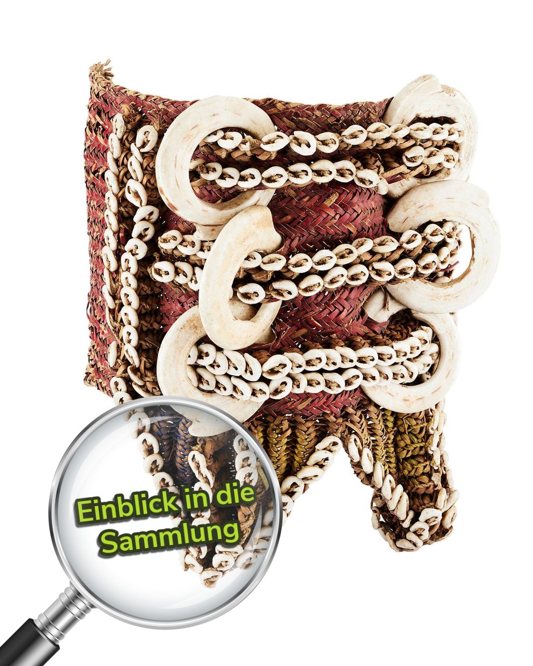 Dieser Alternativtext wurde KI-generiert: Ein quadratisches, geflochtenes Objekt mit einer Spiralform und dekorativen Elementen ist zu sehen. Eine Lupe beleuchtet einen Teil der Textur.