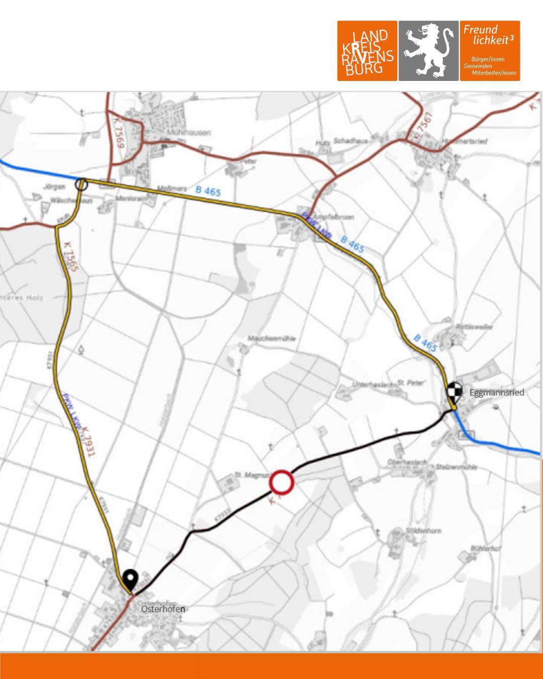 Eine Karte zeigt Straßen und Ortschaften in der Region, mit hervorgehobenen Routen und einem roten Kreis um eine bestimmte Stelle.