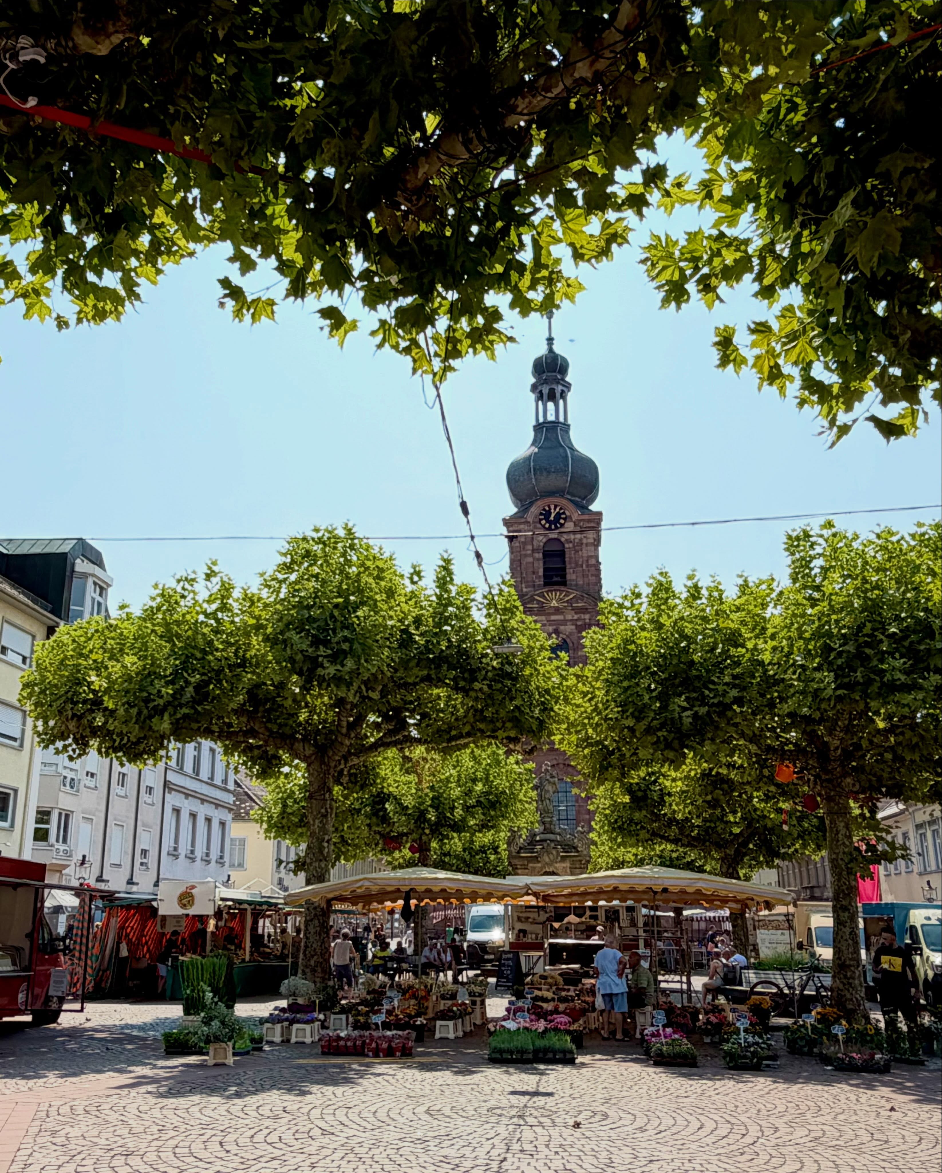 Auf einem gepflasterten Platz stehen Blumen- und Pflanzenstände, um die sich Personen bewegen. Im Hintergrund erhebt sich ein Kirchturm mit grüner Zwiebelhaube und Uhr. Große Bäume und hängende Blätter rahmen die Szene ein. (KI-Alternativtext)
