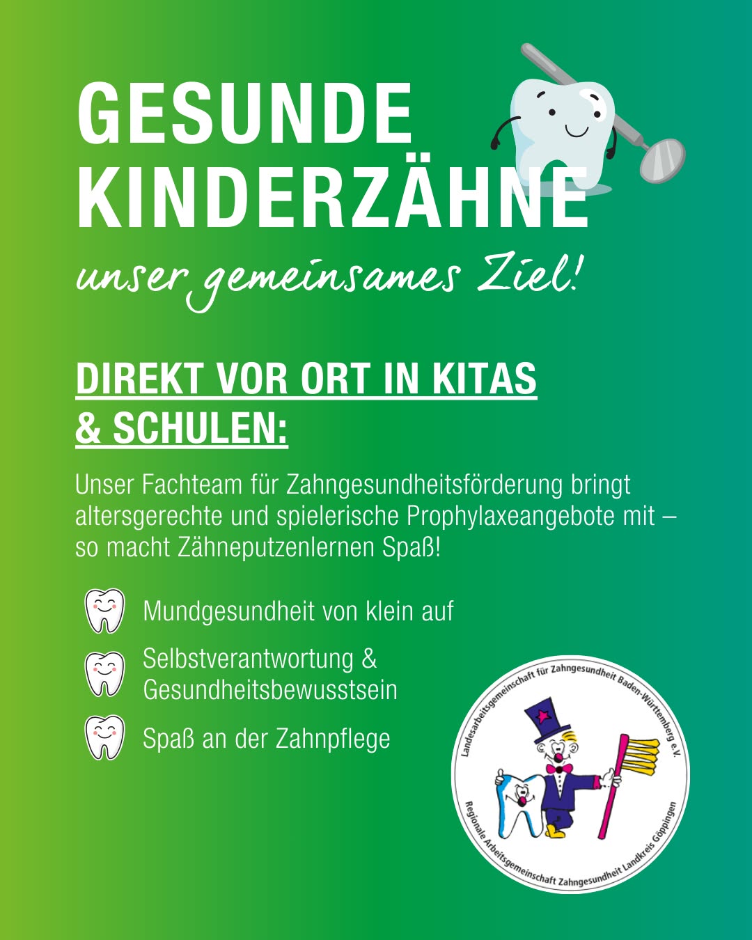 Dieser Alternativtext wurde KI-generiert: Ein farbiges Plakat wirbt für zahnärztliche Vorsorge in Kindertagesstätten und Schulen. Es enthält Text, Illustrationen von Zähnen und ein Logo.