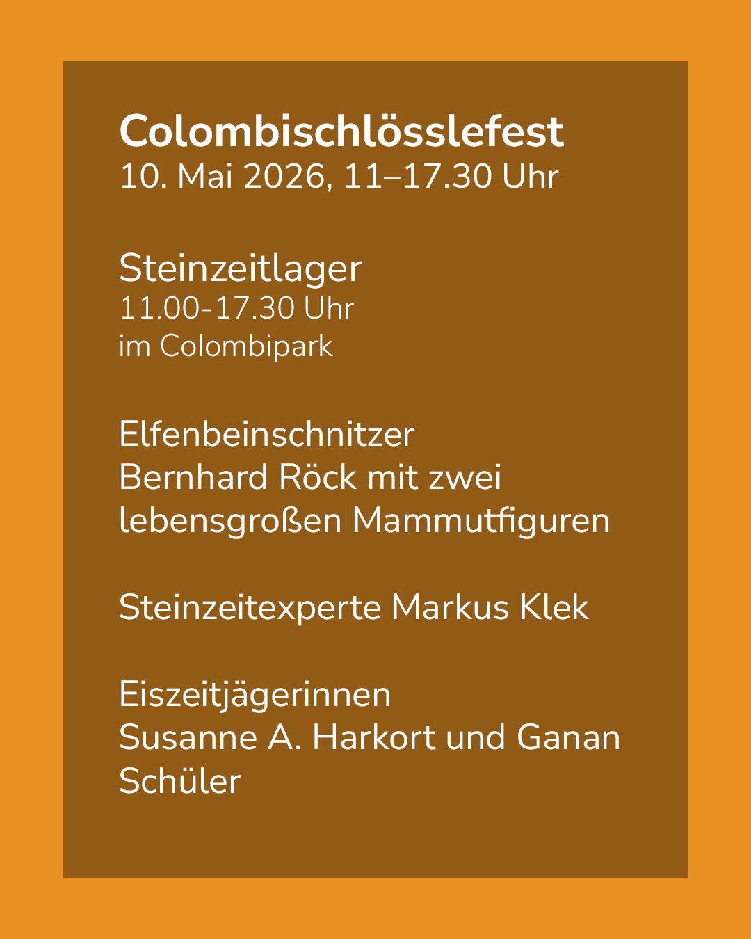 Dieser Alternativtext wurde KI-generiert: Ein Werbeflyer in Gelb- und Brauntönen kündigt ein Fest mit dem Thema Steinzeit an, inklusive Informationen zu Zeit, Ort und beteiligten Personen.