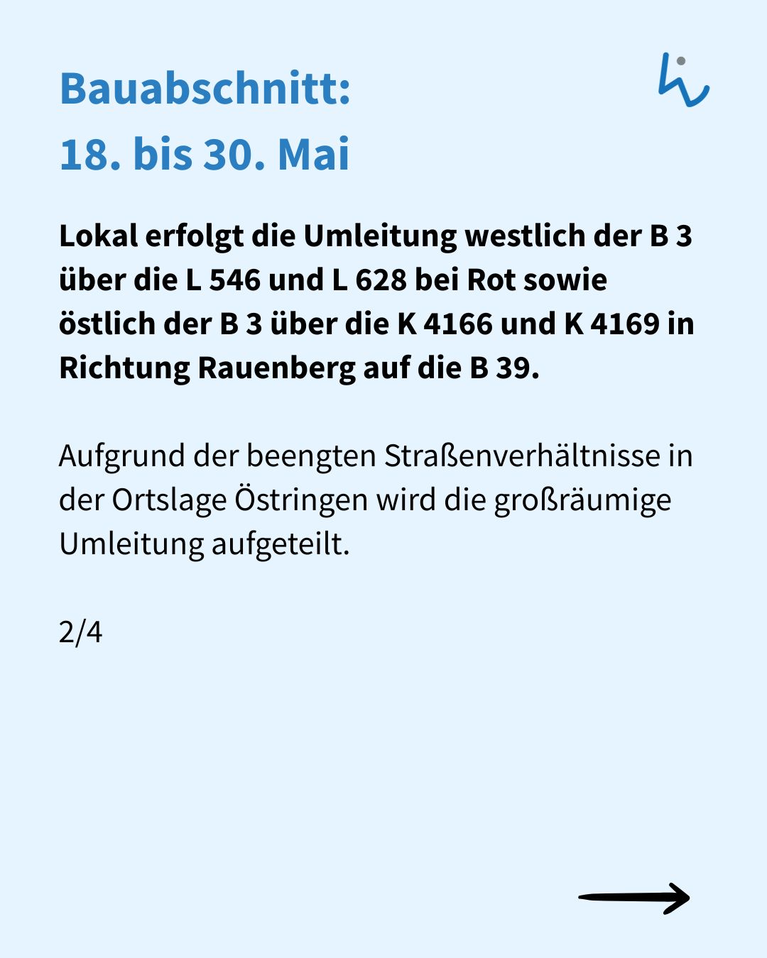 Bauabschnitt vom 18. bis 30. Mai: Umleitung westlich der B 3 über L 546 und L 628 bei Rot sowie östlich der B 3 über K 4166 und K 4169 in Richtung Rauenberg auf die B 39. In Östringen wird die Umleitung aufgeteilt. Unten rechts Pfeil nach rechts, links unten „2/4“. (KI-Alternativtext)