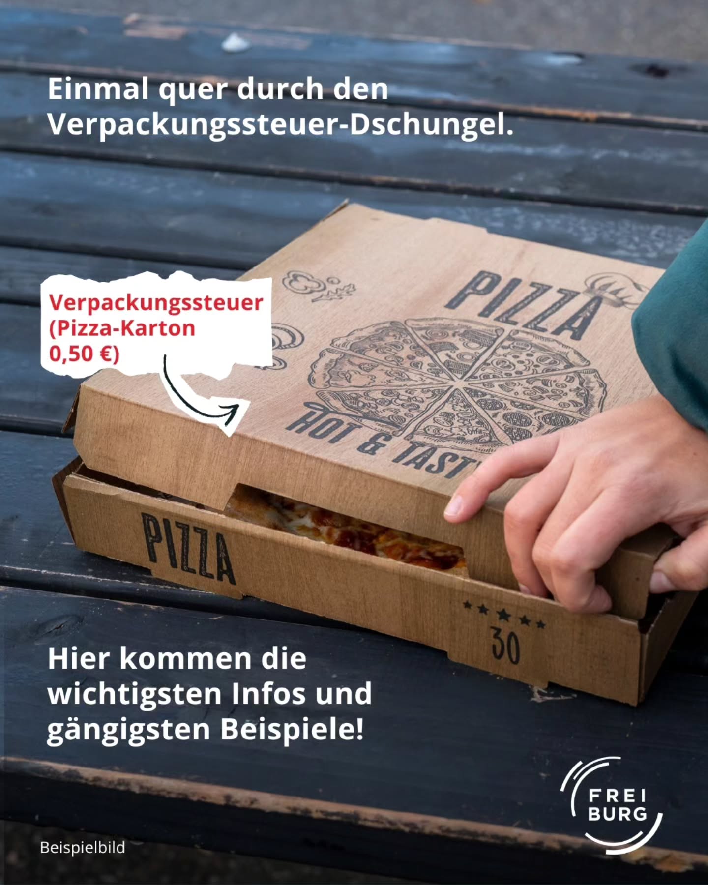 Dieser Alternativtext wurde KI-generiert: Eine offene Pizzaschachtel steht auf einer Holzoberfläche. Auf der Schachtel und einem angehängten Zettel sind Informationen zur Verpackungssteuer abgebildet.