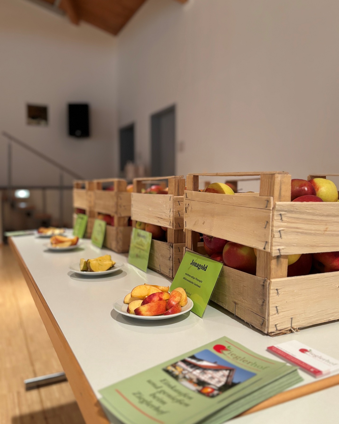 Dieser Alternativtext wurde KI-generiert: Auf einem Tisch stehen Holzkisten mit Äpfeln und Teller mit geschnittenem Obst. Im Hintergrund ist ein heller Raum mit einer Holzdecke zu sehen.